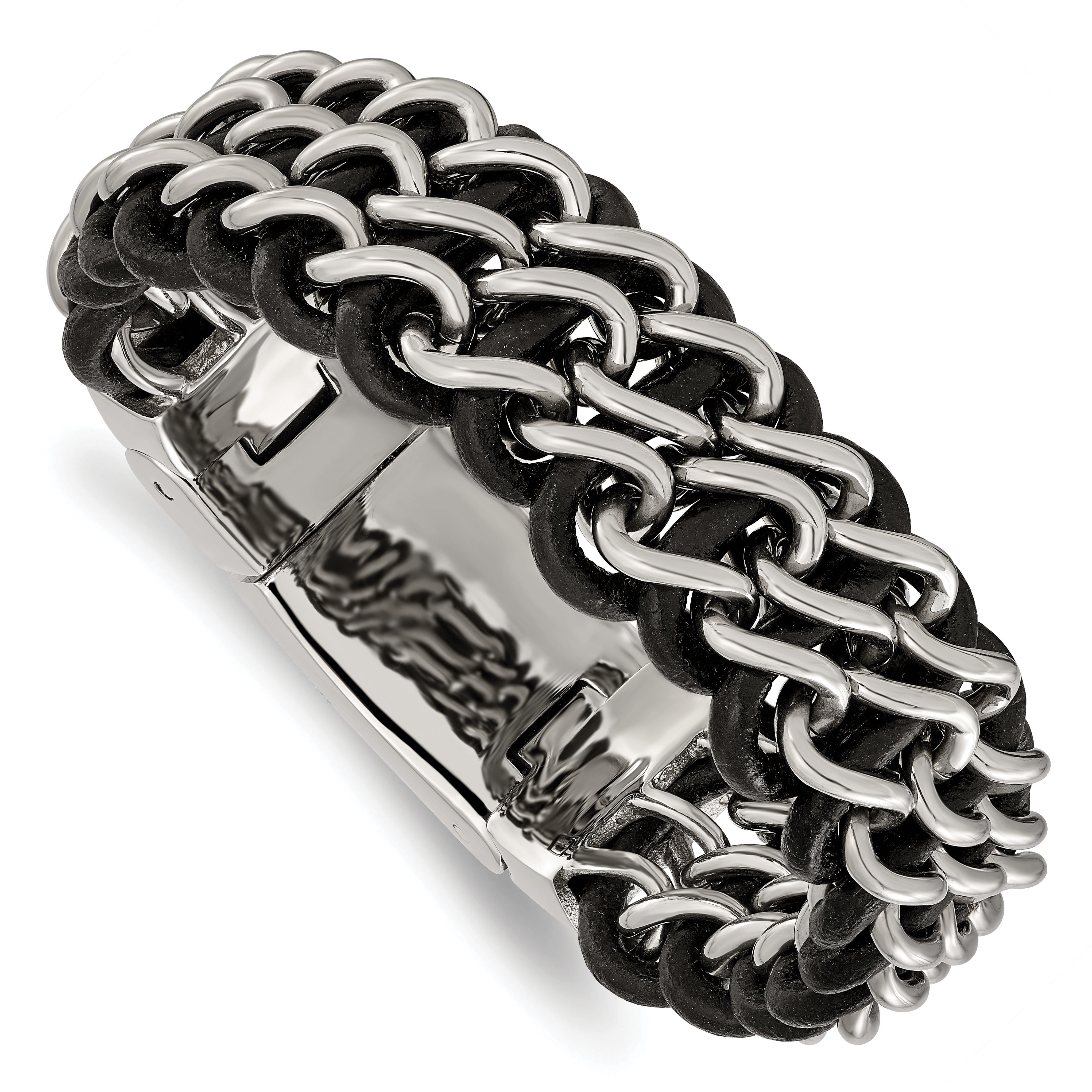 Chisel Stainless Steel Polished Black Leather 8.75 inch Bracelet