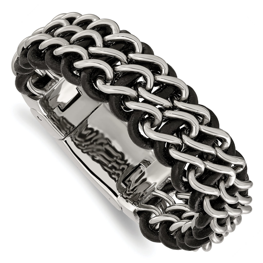 Chisel Stainless Steel Polished Black Leather 8.75 inch Bracelet