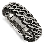 Chisel Stainless Steel Polished Black Leather 8.75 inch Bracelet