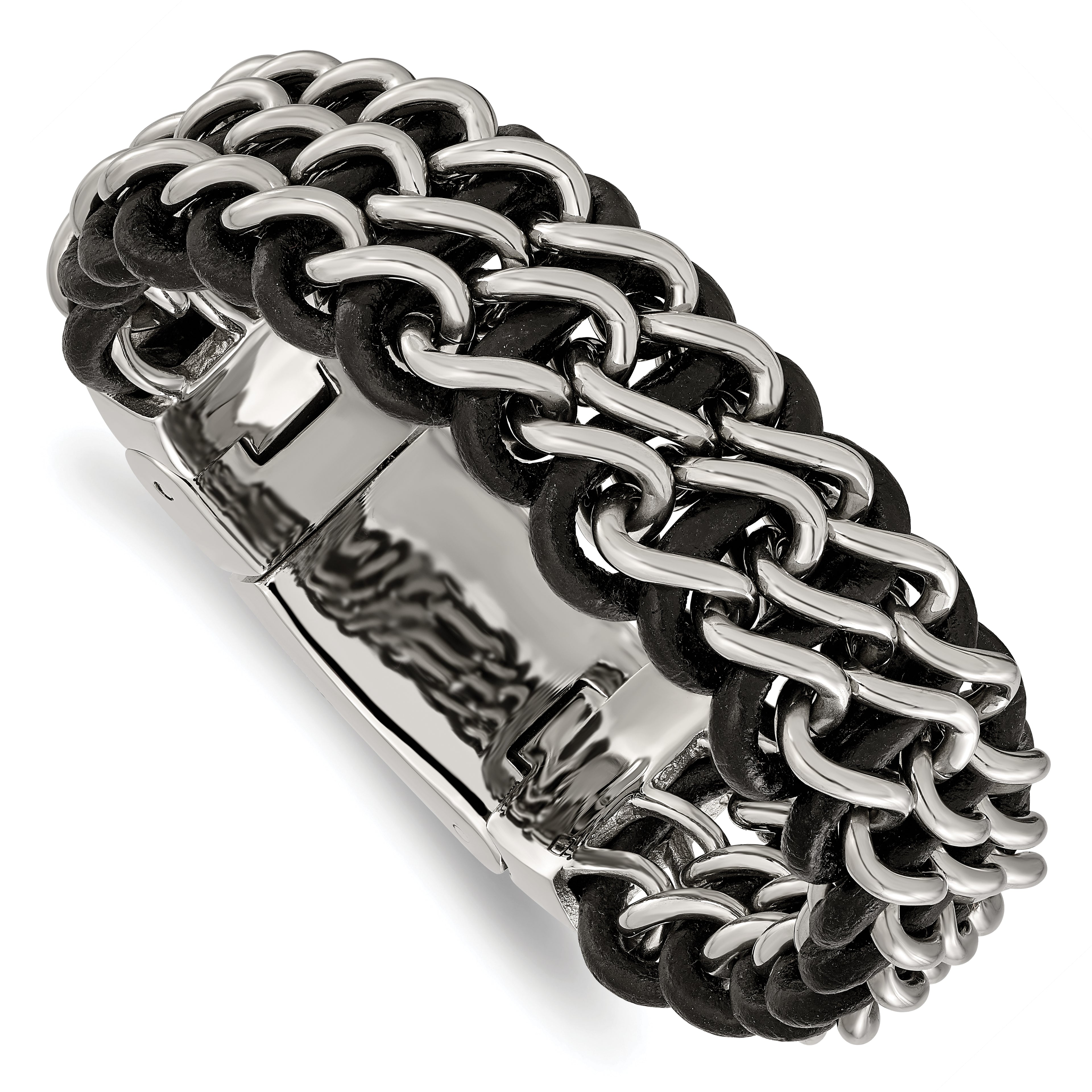 Chisel Stainless Steel Polished Black Leather 8.75 inch Bracelet
