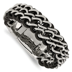 Chisel Stainless Steel Polished Black Leather 8.75 inch Bracelet