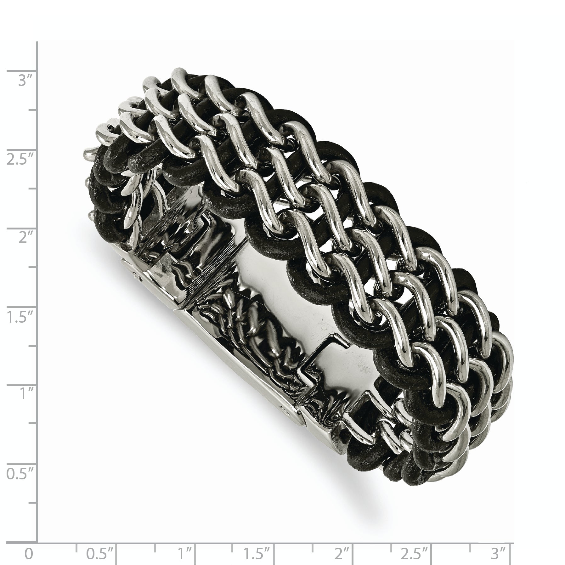Chisel Stainless Steel Polished Black Leather 8.75 inch Bracelet