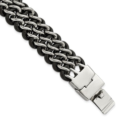 Chisel Stainless Steel Polished Black Leather 8.75 inch Bracelet