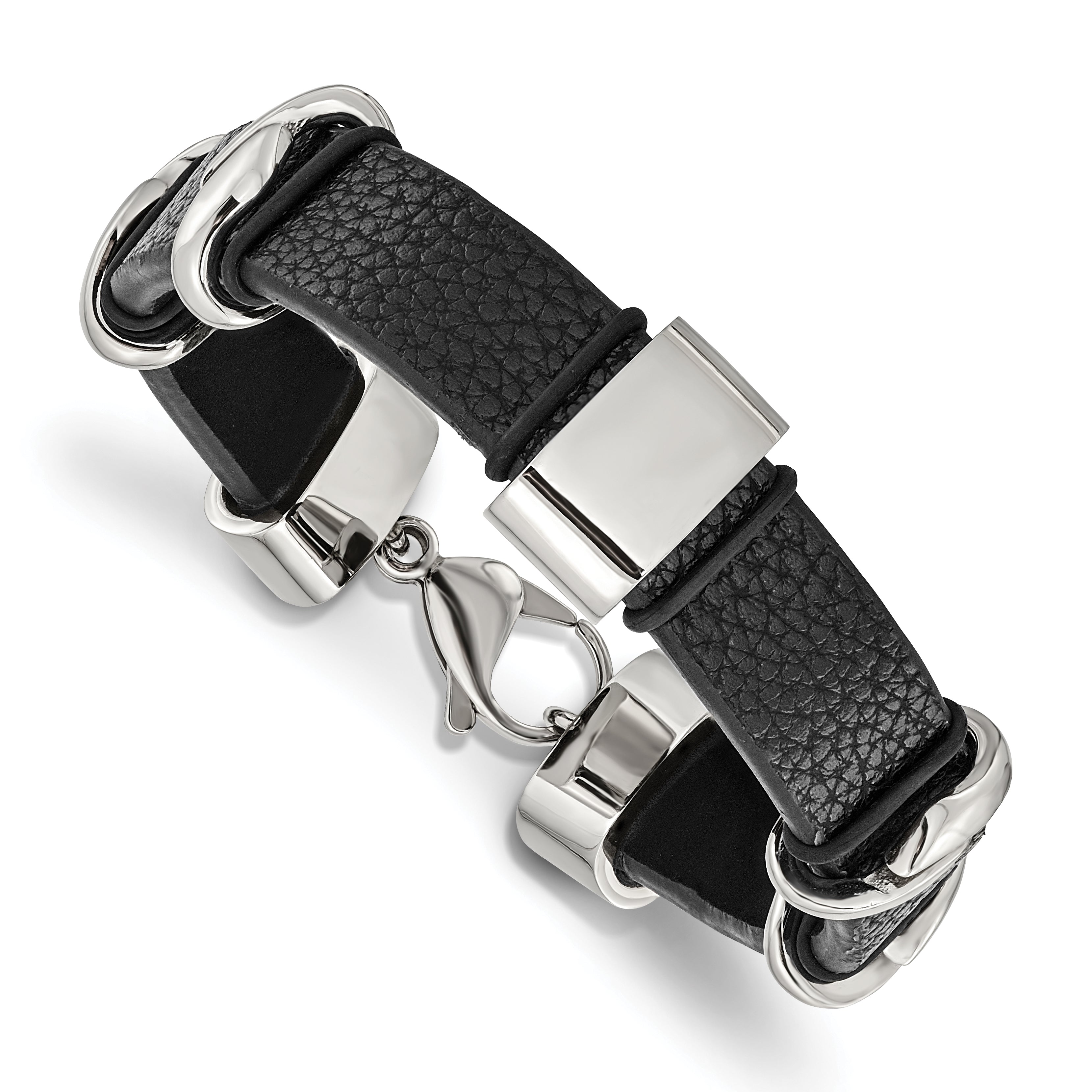 Stainless Steel Polished Black Leather 8.5in Bracelet Main image