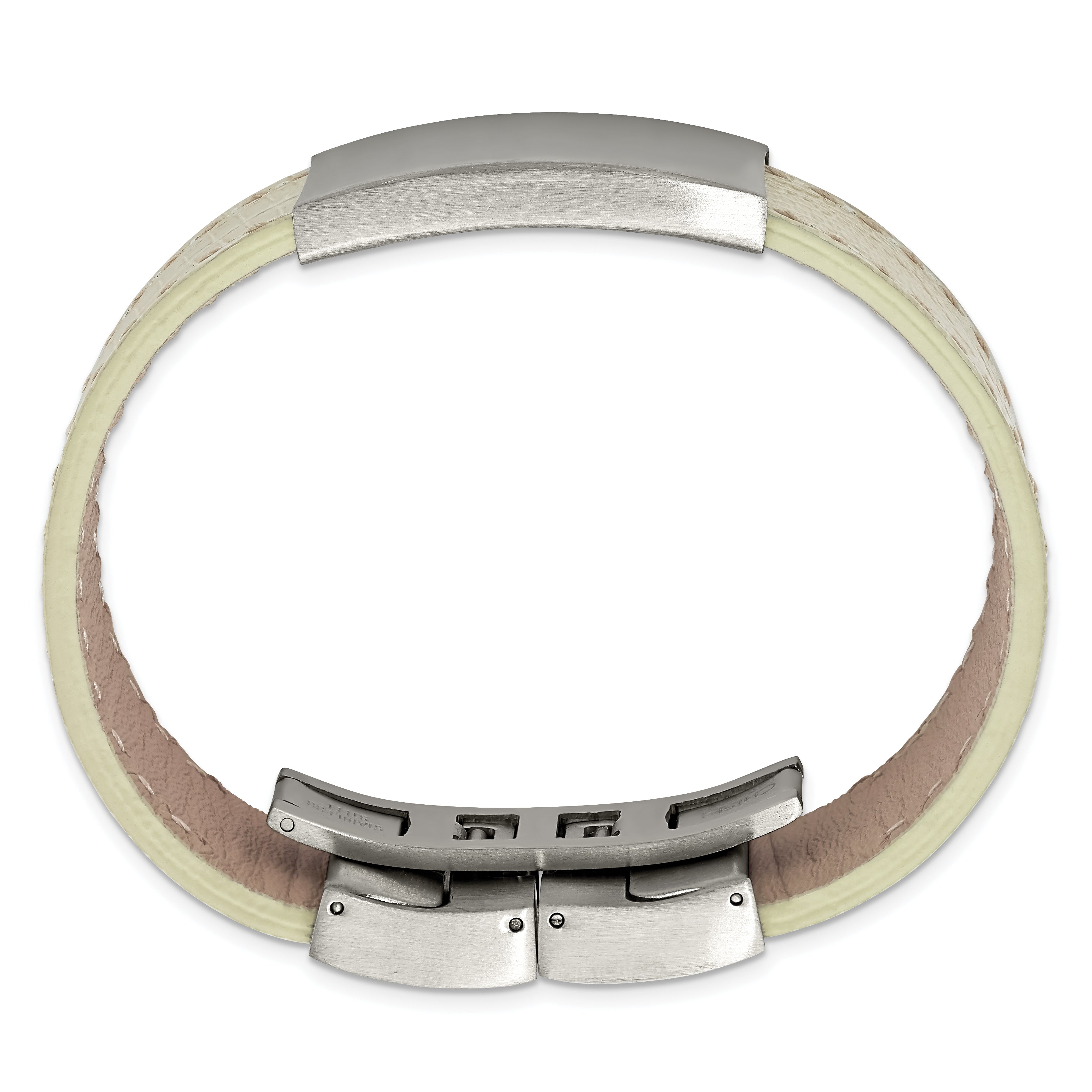 Brushed ID Bracelet in Stainless Steel with White Leather