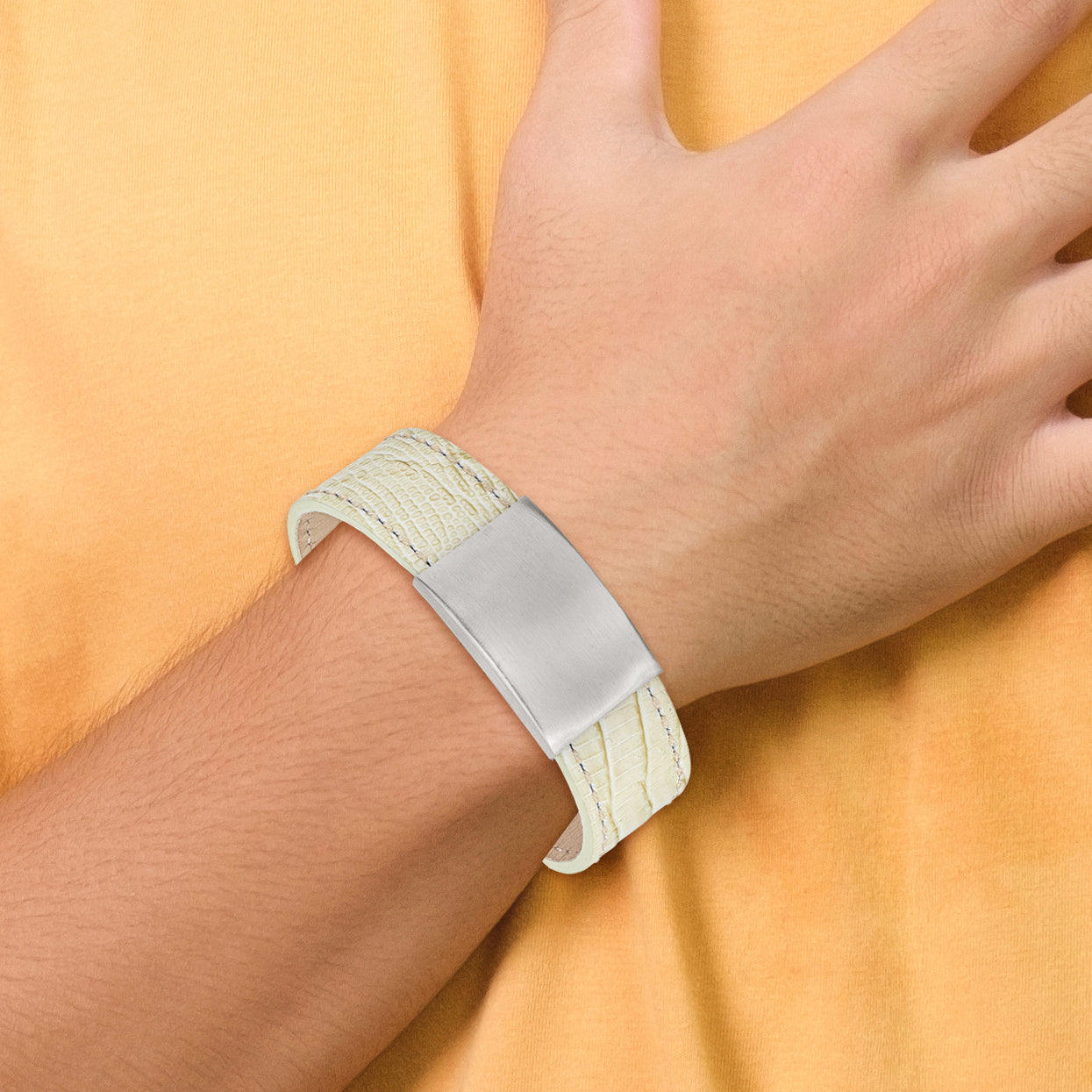 Brushed ID Bracelet in Stainless Steel with White Leather