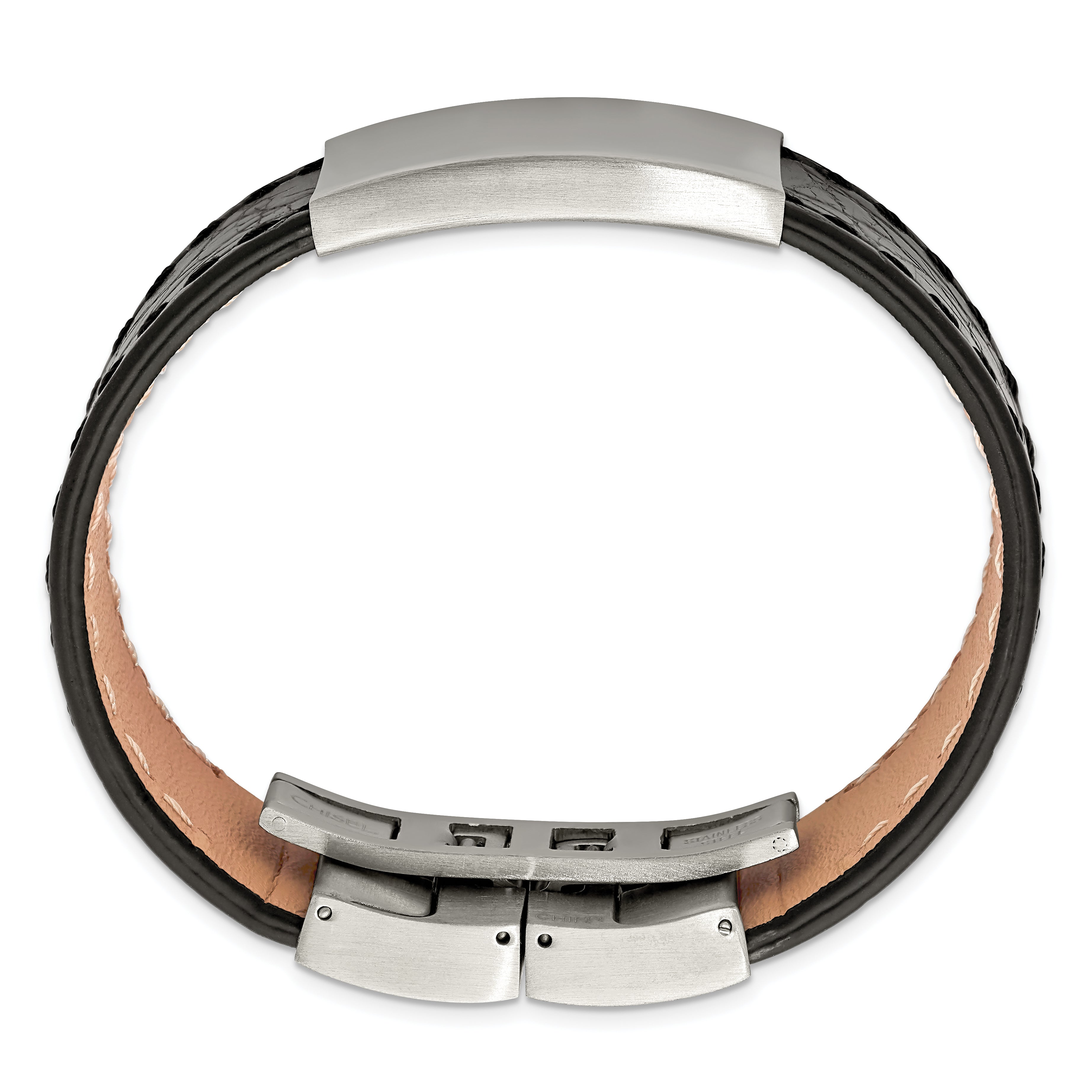 Brushed ID Bracelet in Stainless Steel & Black Leather