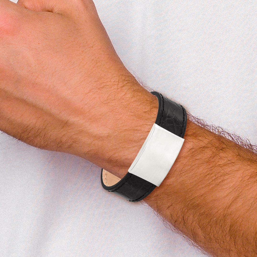 Brushed ID Bracelet in Stainless Steel & Black Leather
