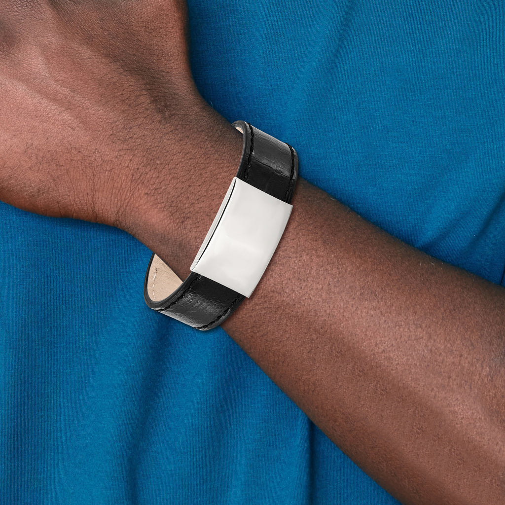 Black Leather ID Bracelet in Stainless Steel