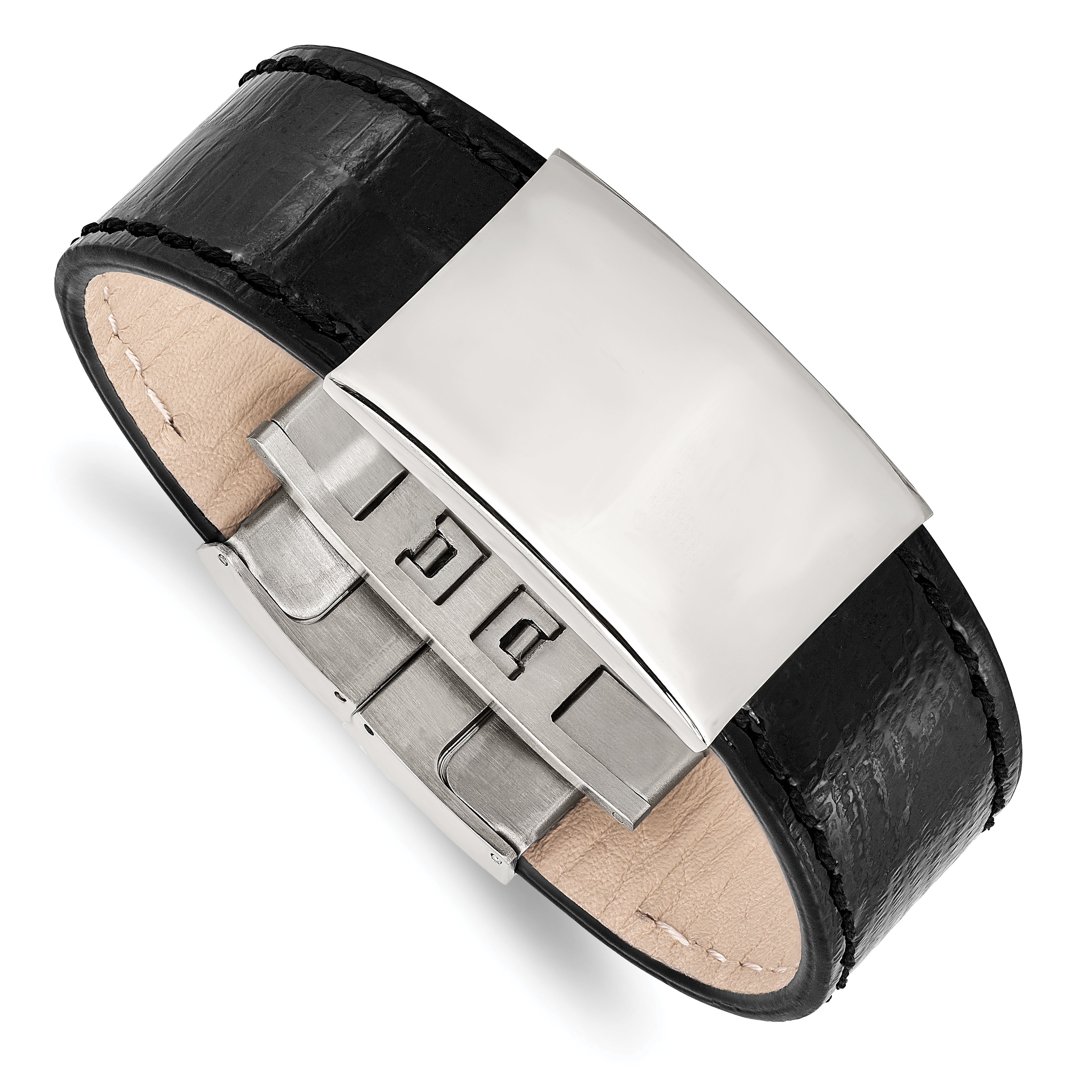 Stainless Steel Polished Black Leather 8.5in ID Bracelet Main image