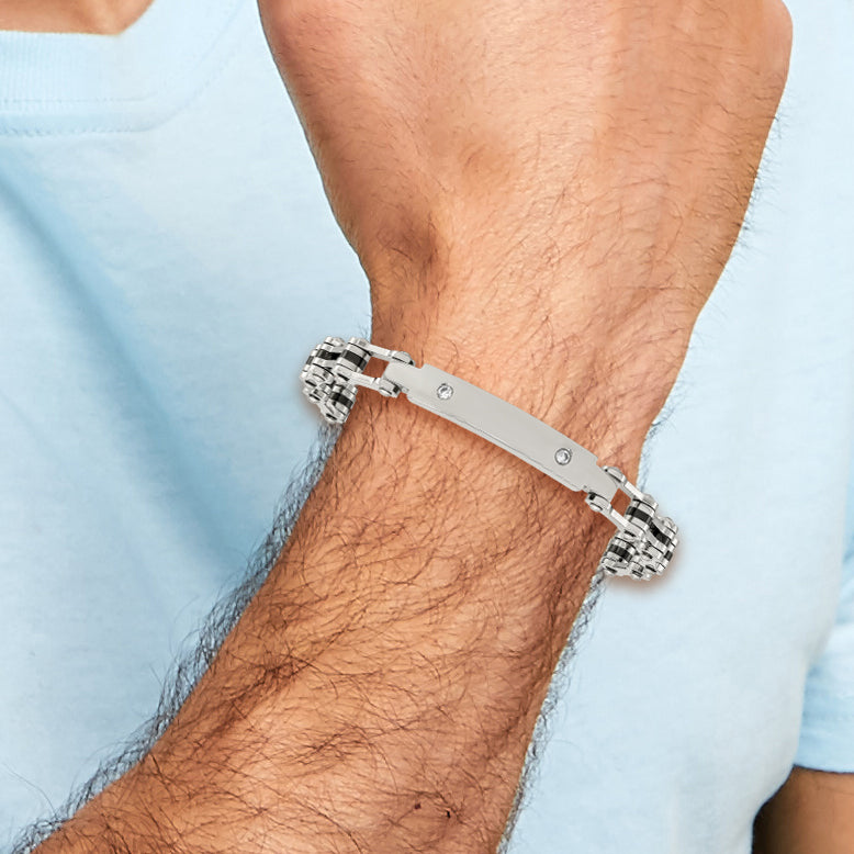 Stainless Steel Polished Black IP-plated w/CZ 8.5in Bracelet