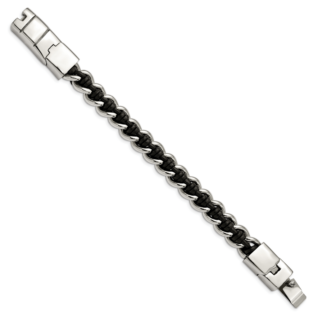 Polished Leather Bracelet in Stainless Steel, 8.5in