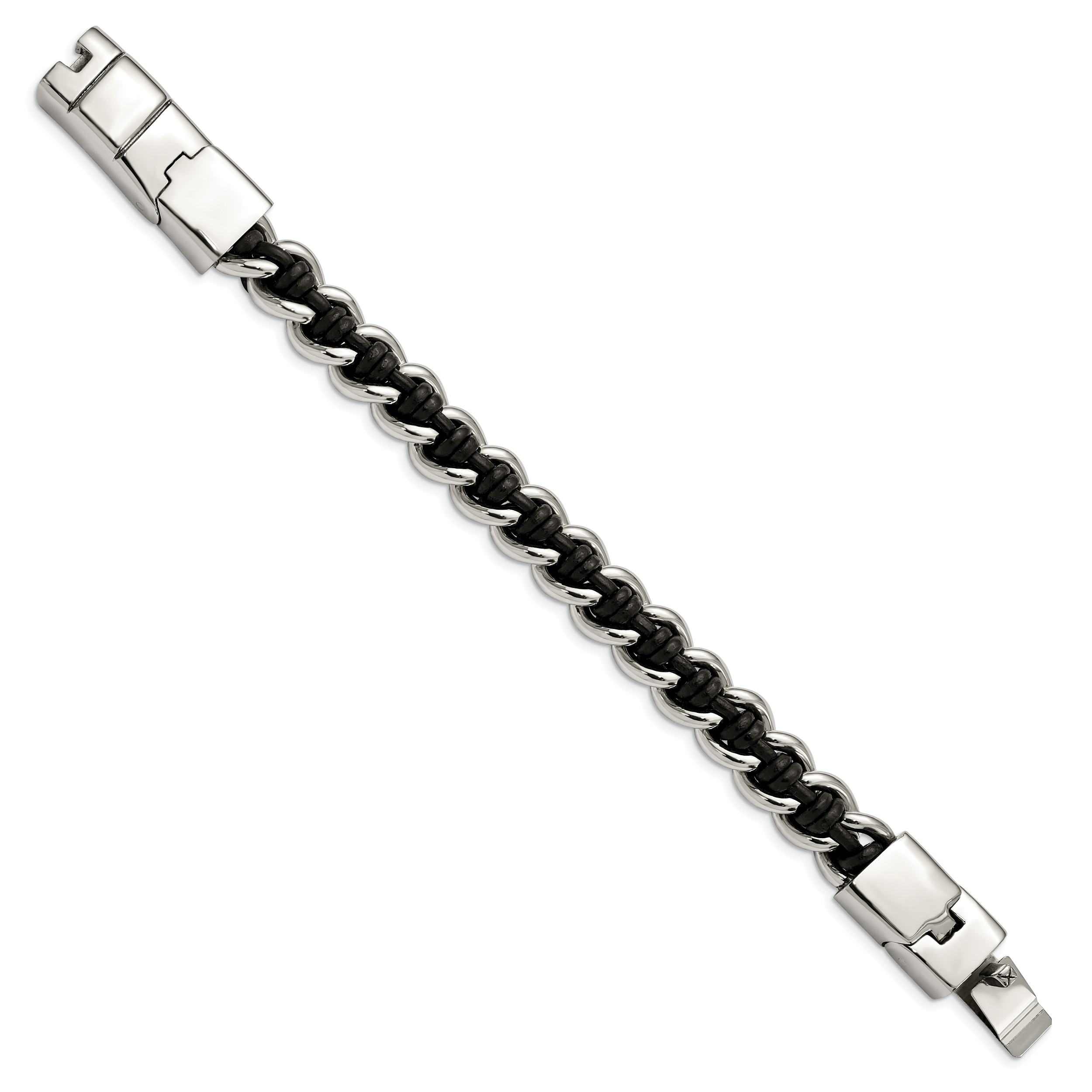 Polished Leather Bracelet in Stainless Steel, 8.5in