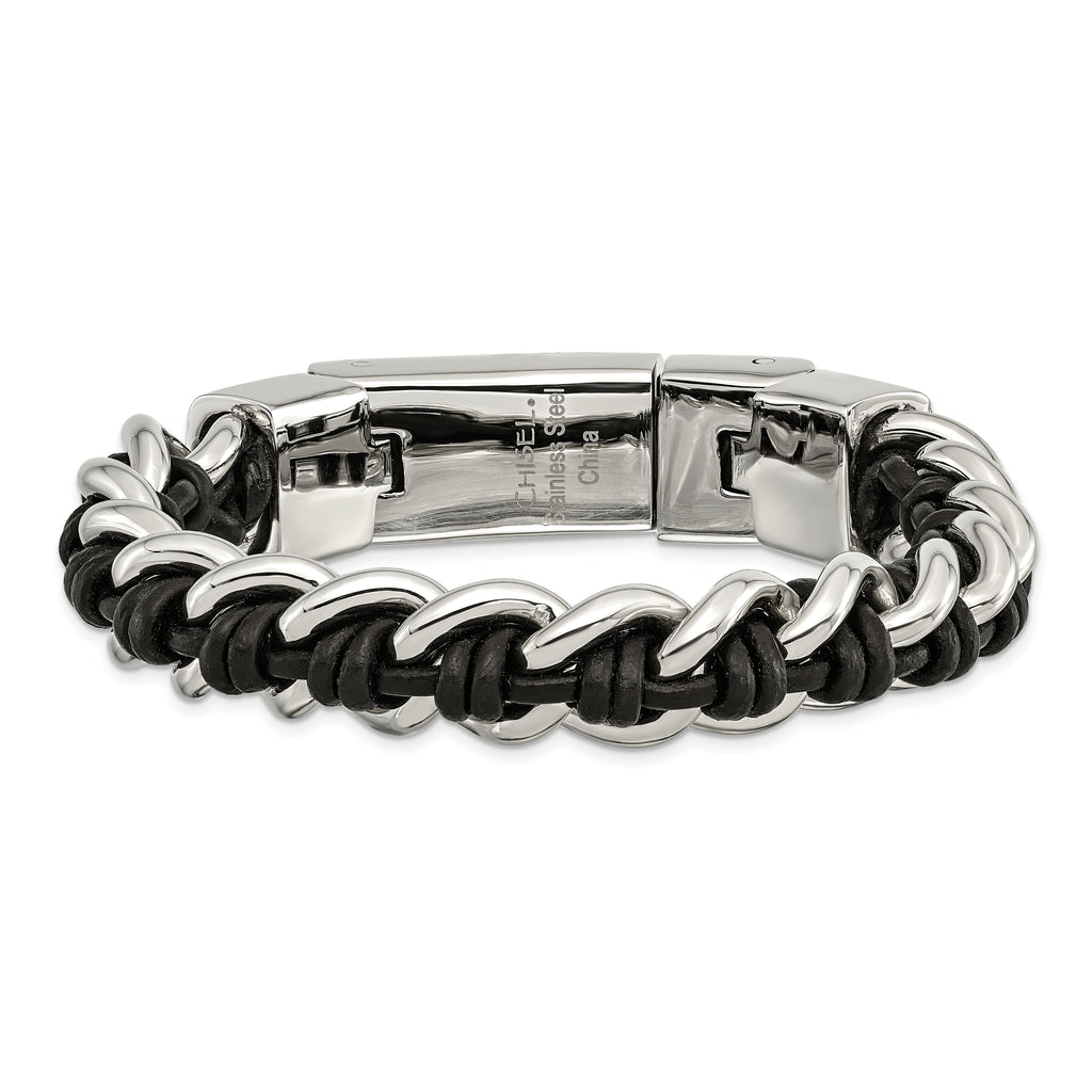 Polished Leather Bracelet in Stainless Steel, 8.5in