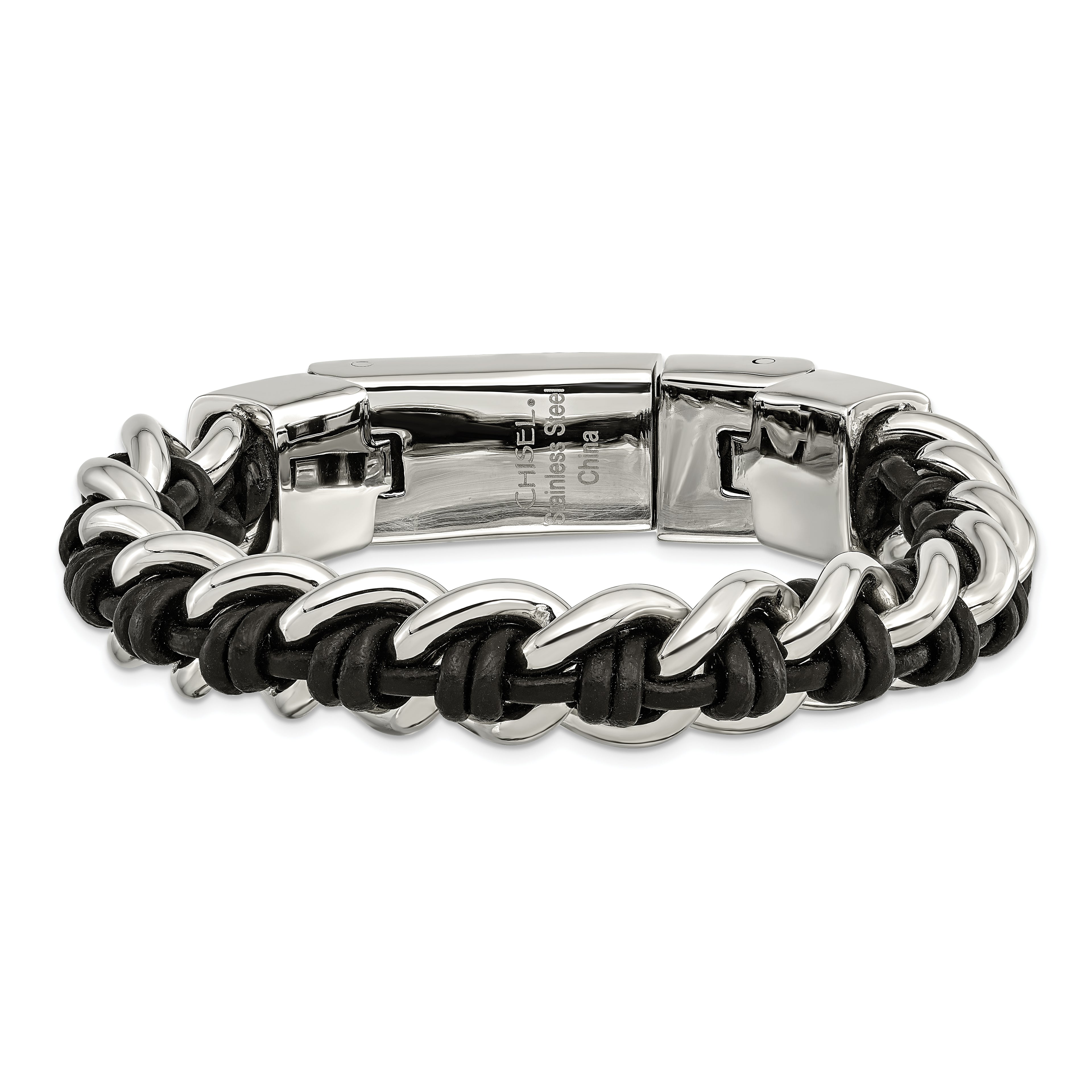 Polished Leather Bracelet in Stainless Steel, 8.5in