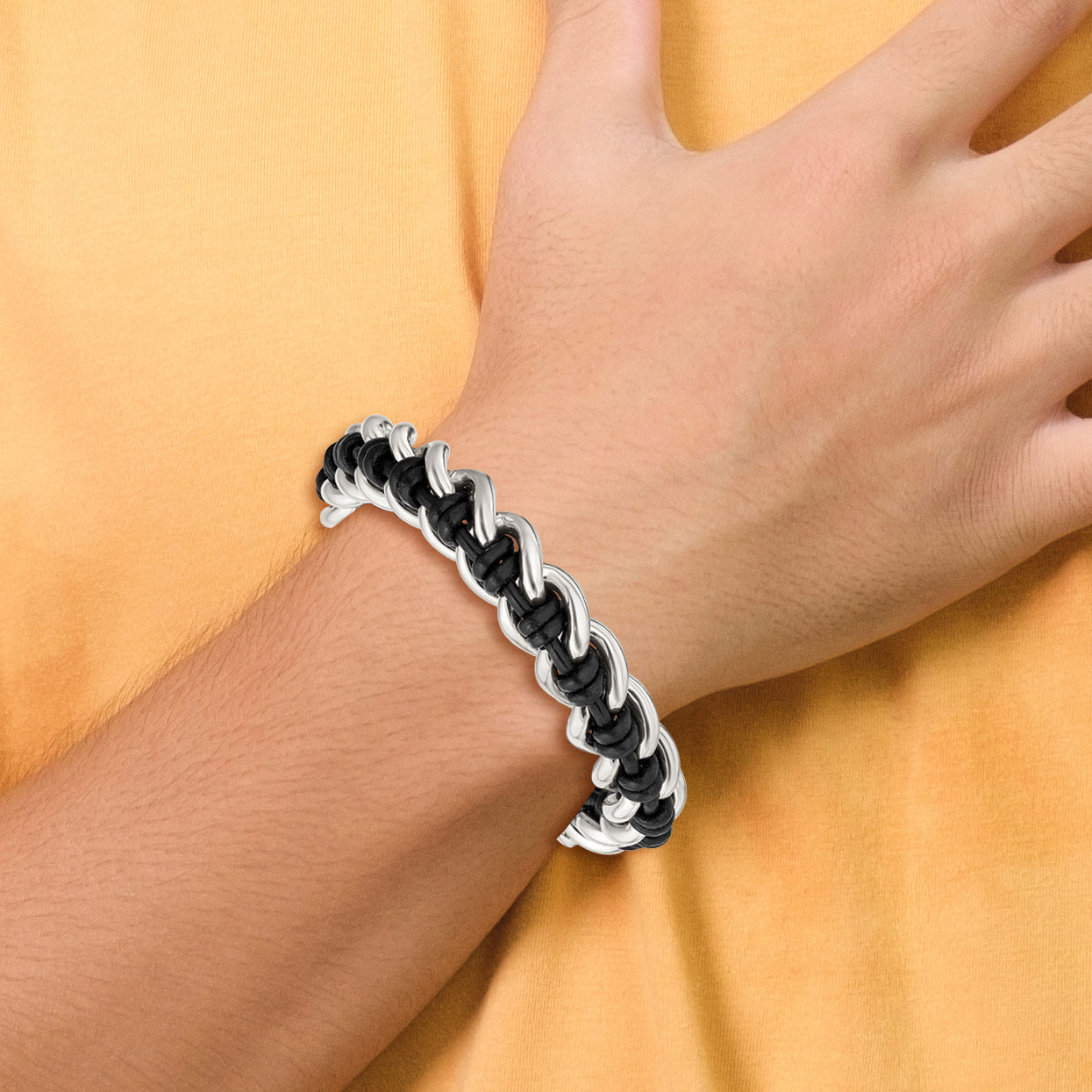 Polished Leather Bracelet in Stainless Steel, 8.5in