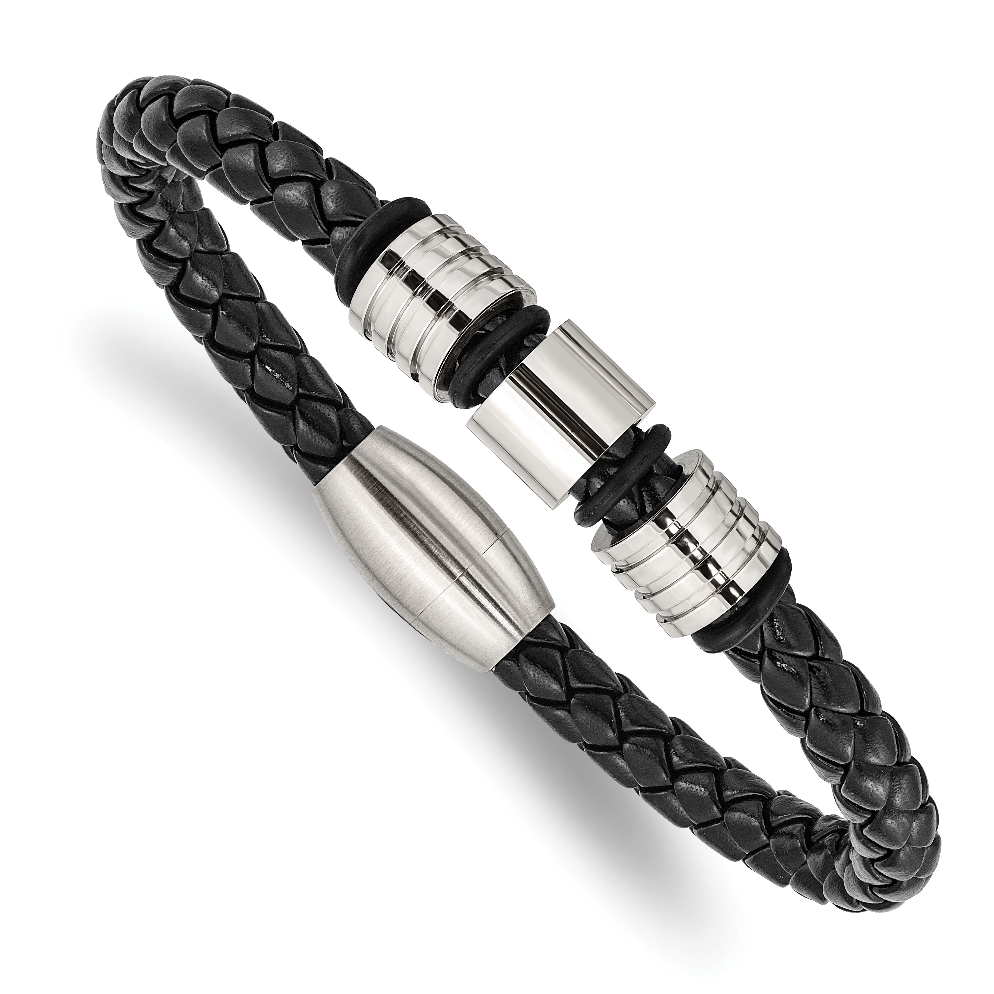 Chisel Stainless Steel Brushed and Polished Braided Black Leather 8.5 inch Bracelet Main image