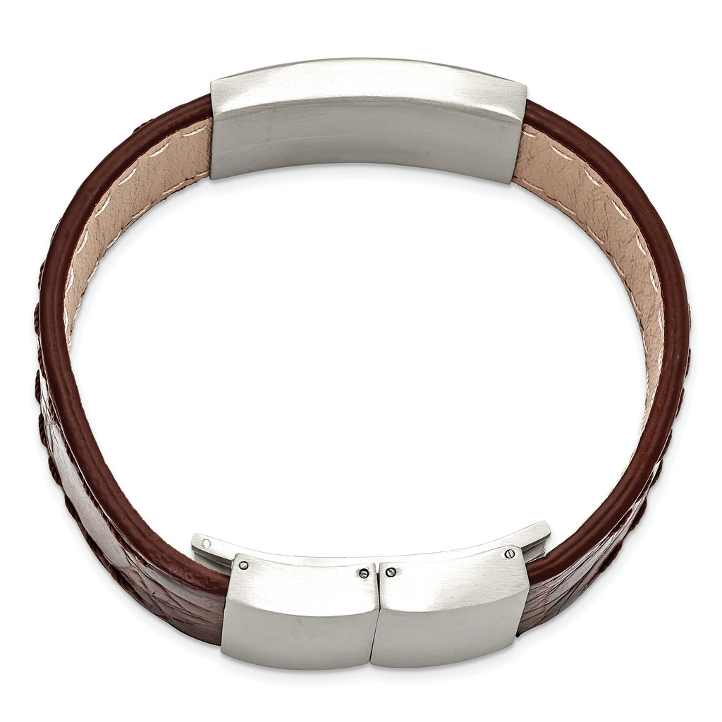 Brushed ID Bracelet in Stainless Steel with Brown Leather