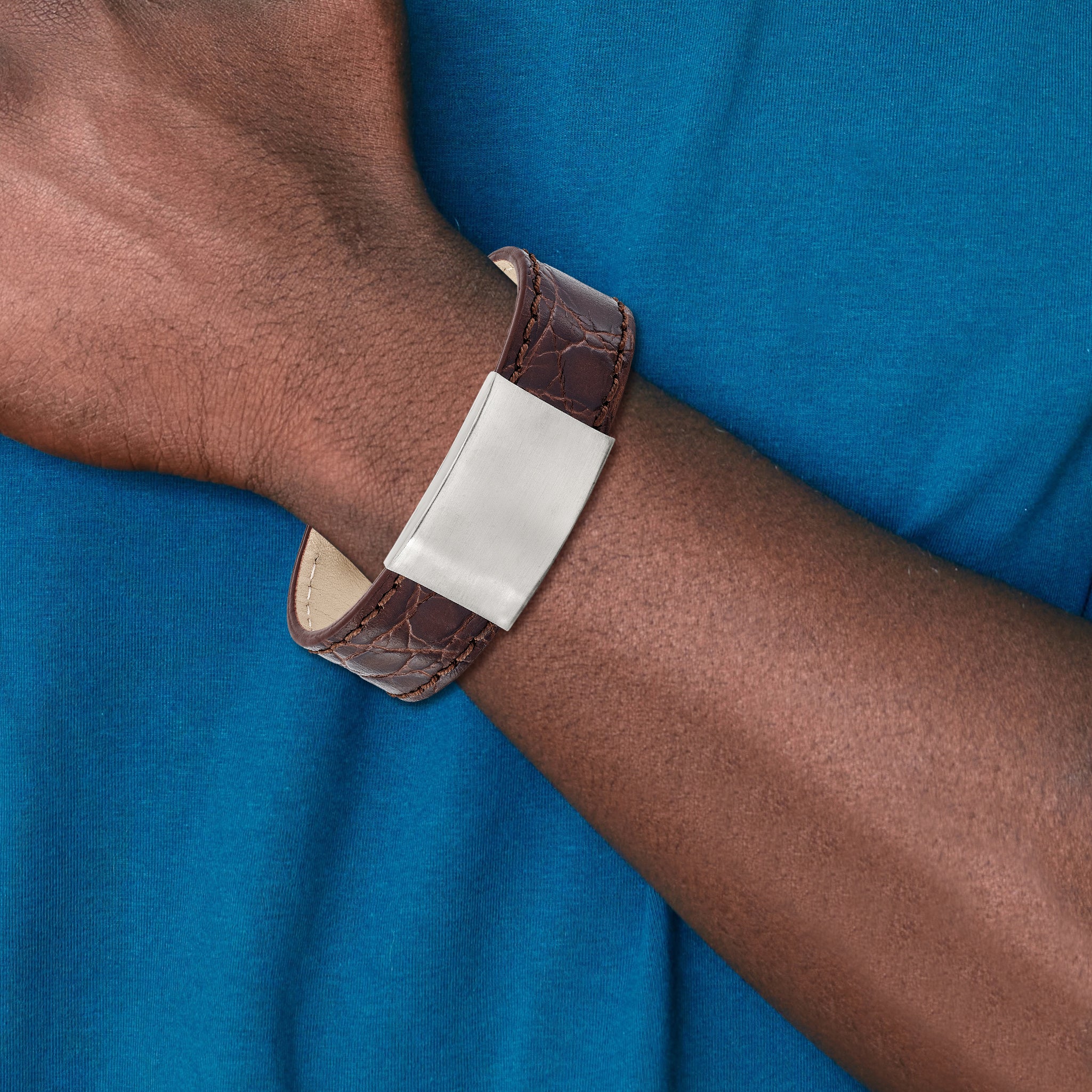 Brushed ID Bracelet in Stainless Steel with Brown Leather