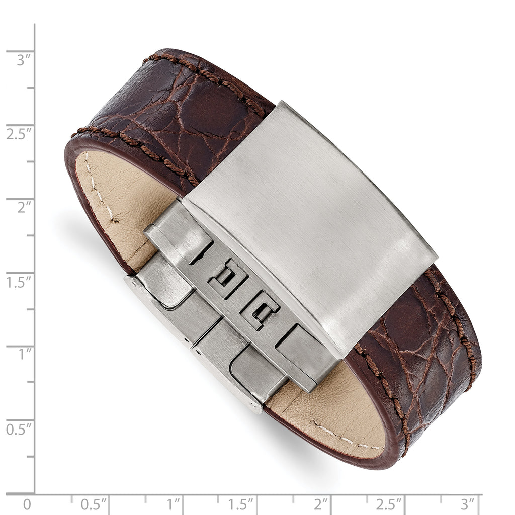 Brushed ID Bracelet in Stainless Steel with Brown Leather