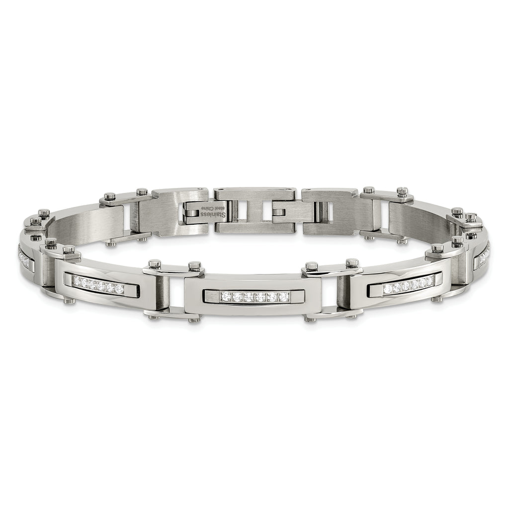 Polished CZ Bracelet in Stainless Steel, 8.25"