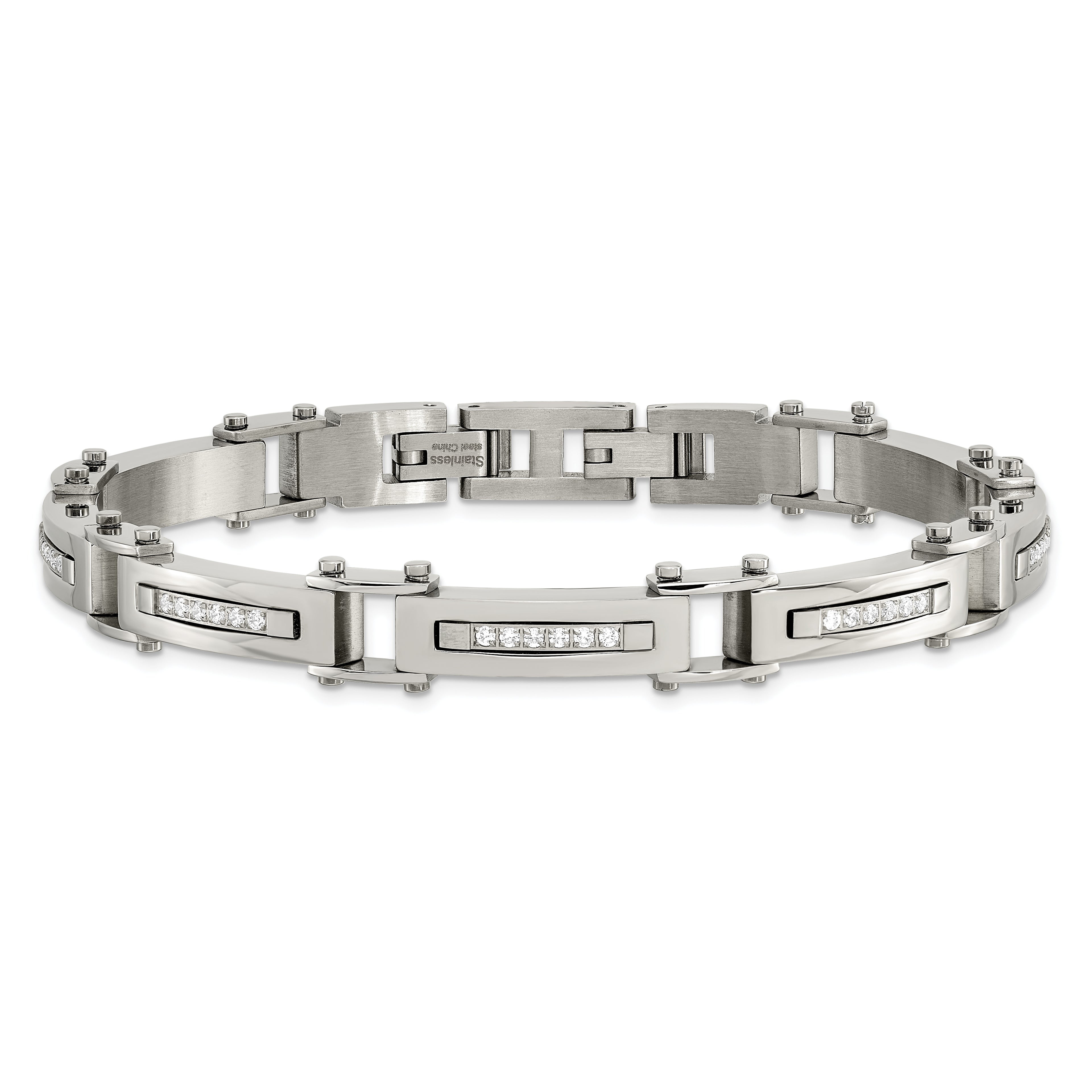 Polished CZ Bracelet in Stainless Steel, 8.25"