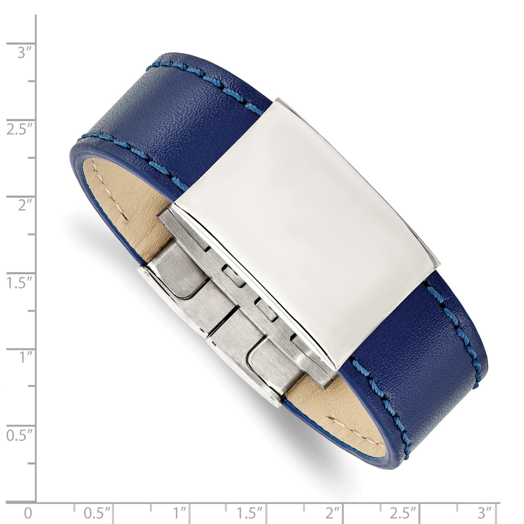 Polished Blue Leather ID Bracelet in Stainless Steel