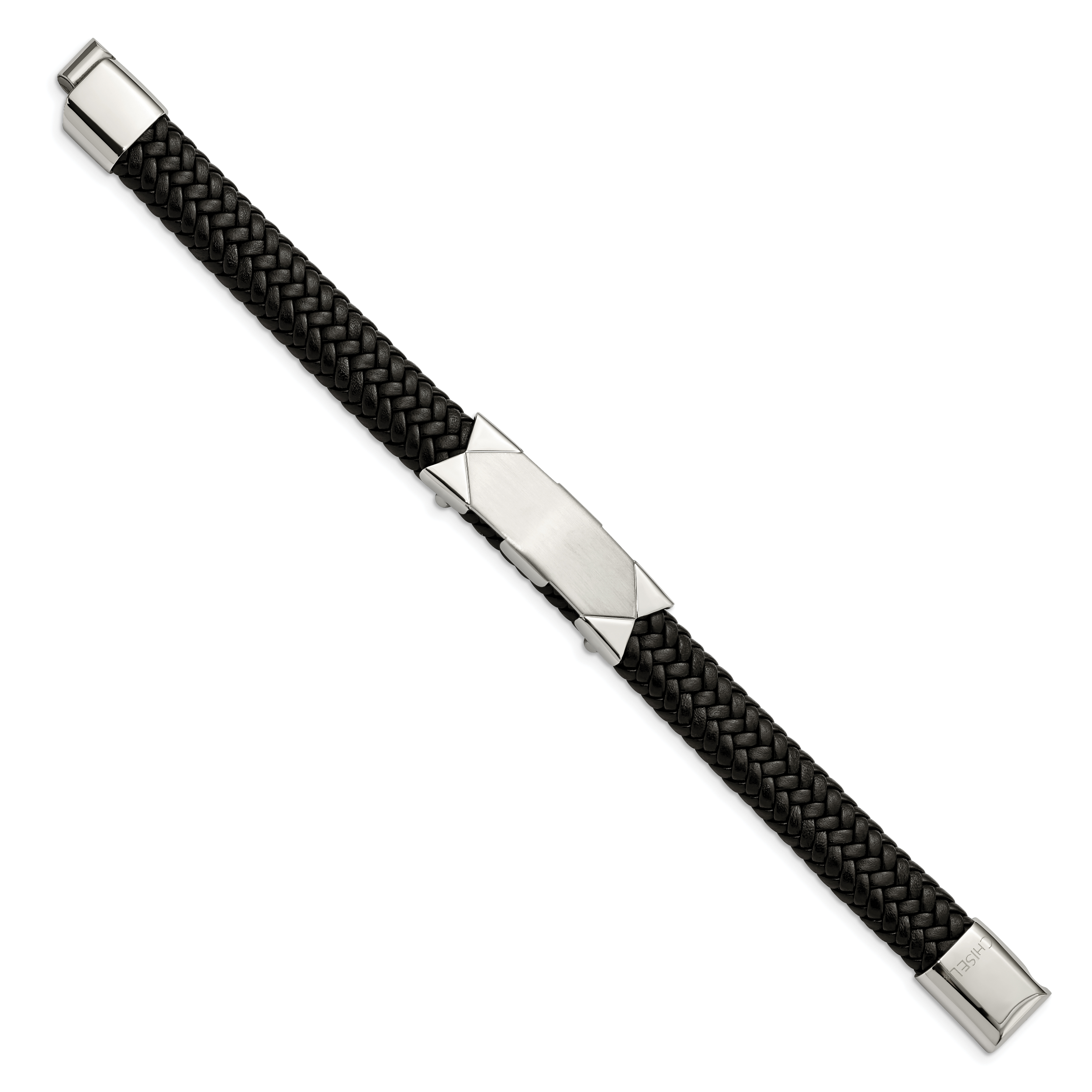 Chisel Stainless Steel Brushed and Polished Braided Black Leather 8.5 inch ID Bracelet Secondary image