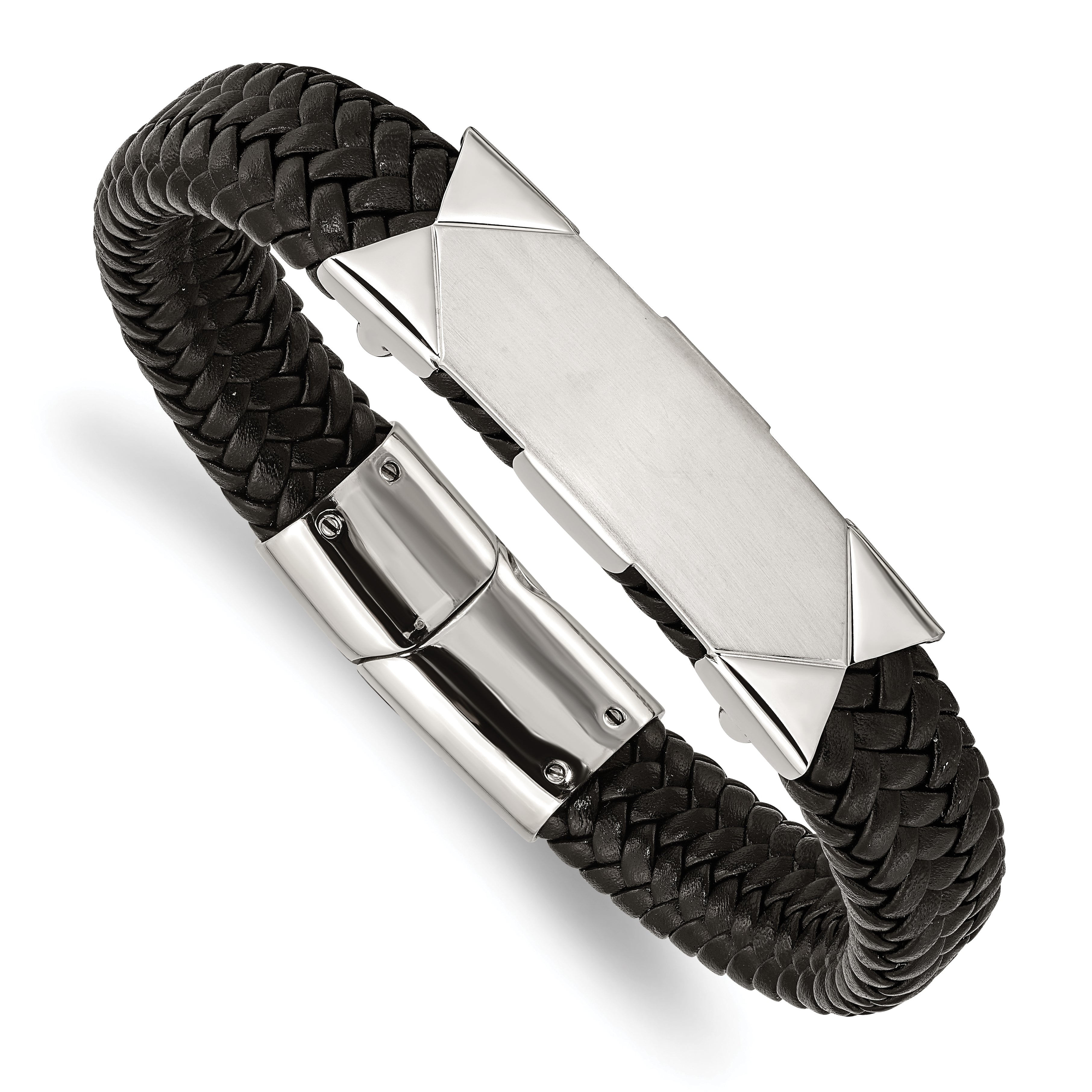 Chisel Stainless Steel Brushed and Polished Braided Black Leather 8.5 inch ID Bracelet Main image