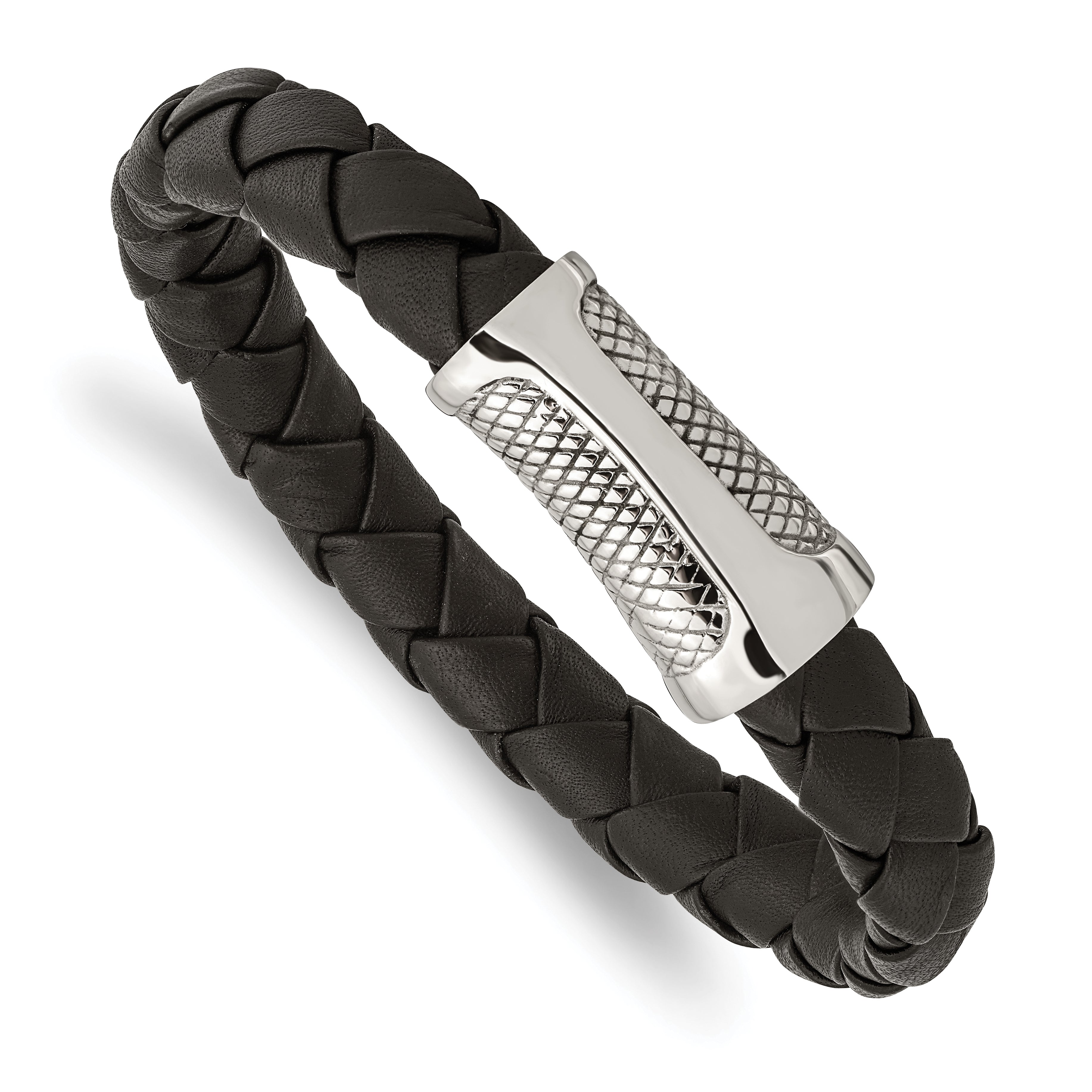 Chisel Stainless Steel Polished and Textured Black Braided Leather 8.5 inch Bracelet Main image