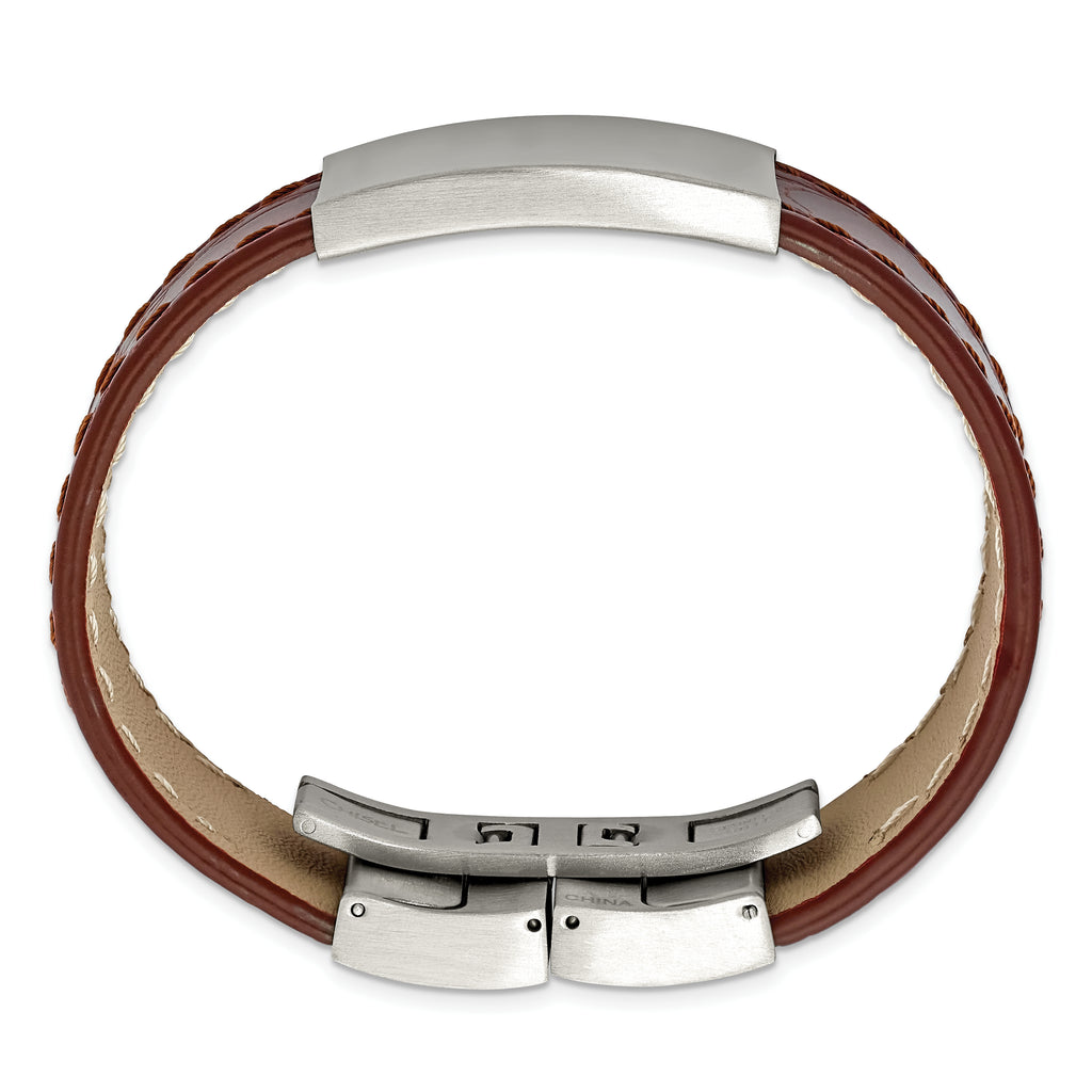 Brushed Leather ID Bracelet in Stainless Steel