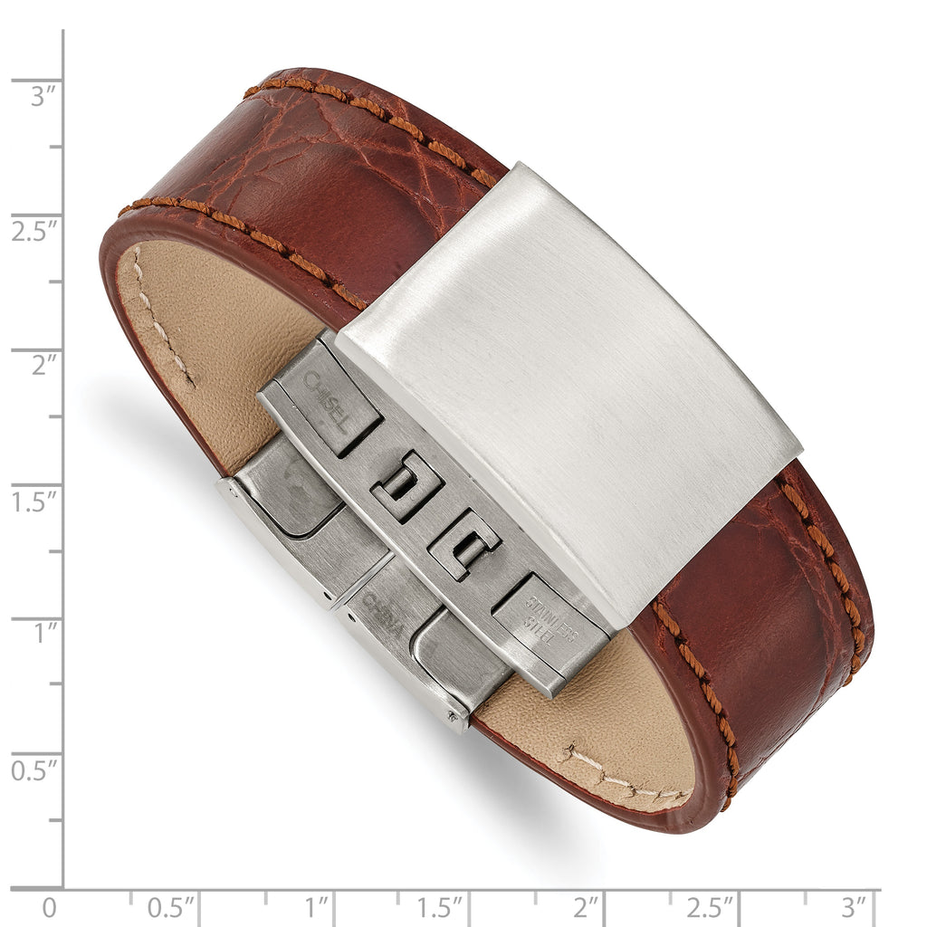 Brushed Leather ID Bracelet in Stainless Steel