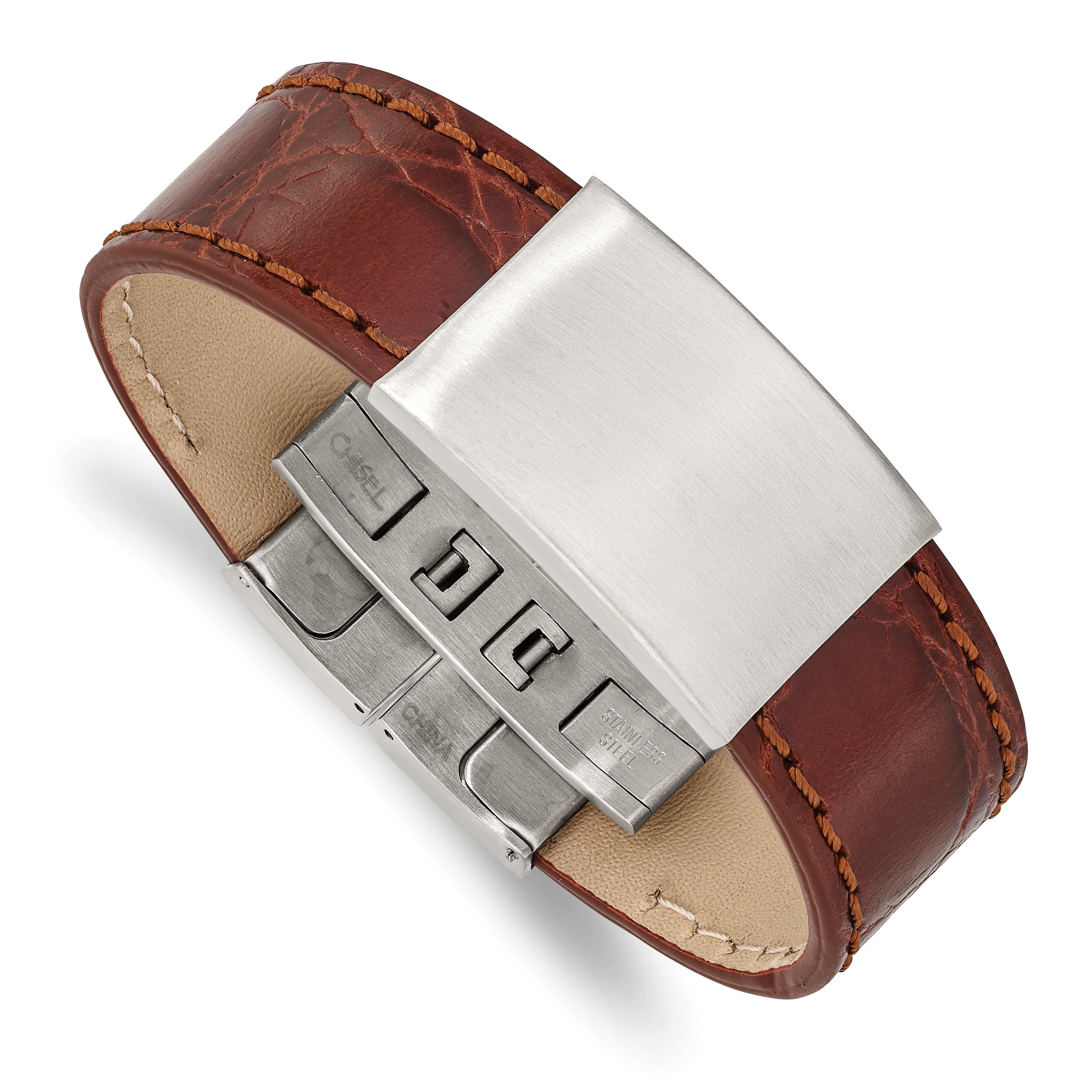 Stainless Steel Brushed Medium Brown Leather 8.5in ID Bracelet Main image