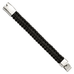 Braided Black Leather Bracelet in Stainless Steel