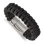 Braided Black Leather Bracelet in Stainless Steel
