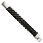 Stainless Steel Polished Rounded Braided Black Leather 8.5in Bracelet