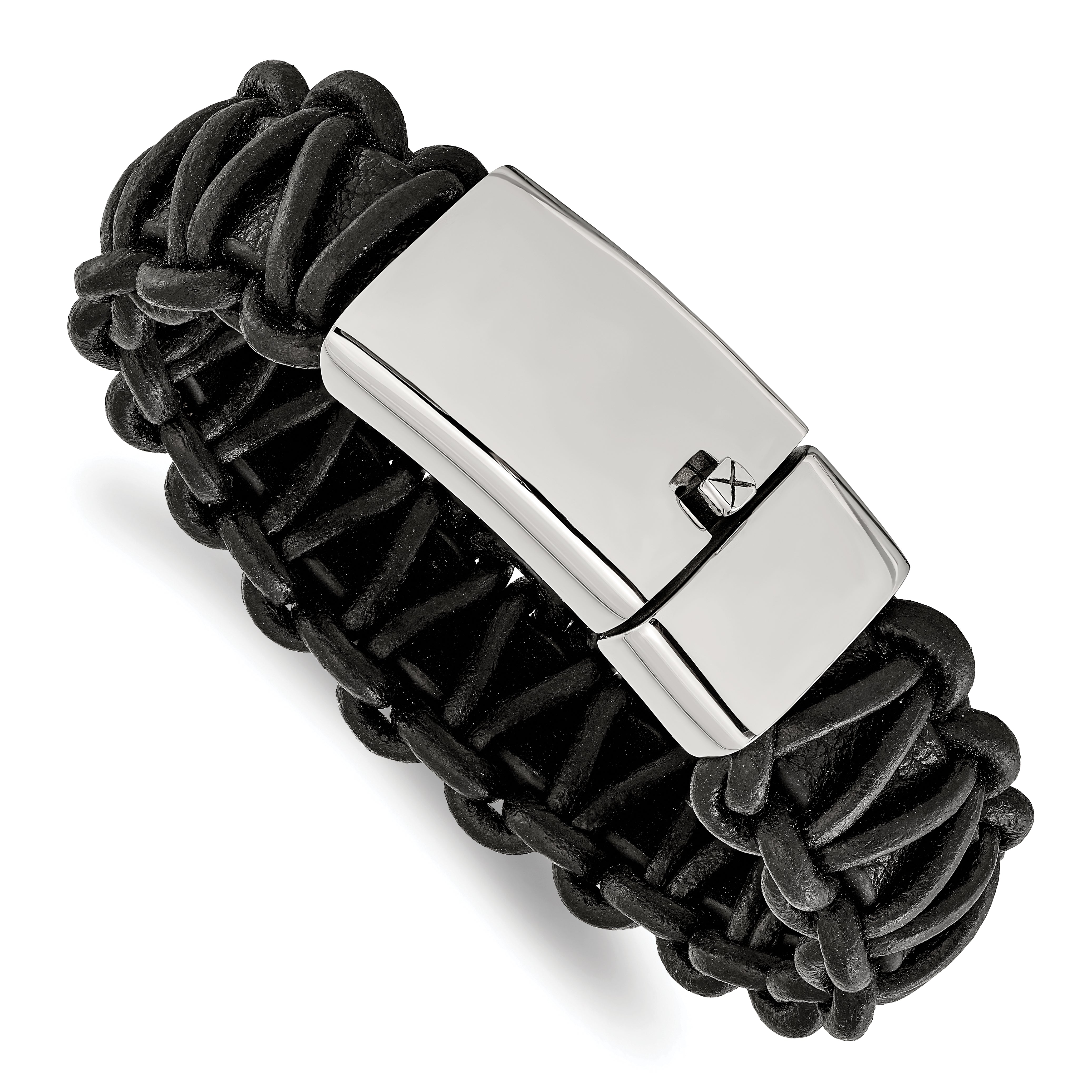 Stainless Steel Polished Rounded Braided Black Leather 8.5in Bracelet