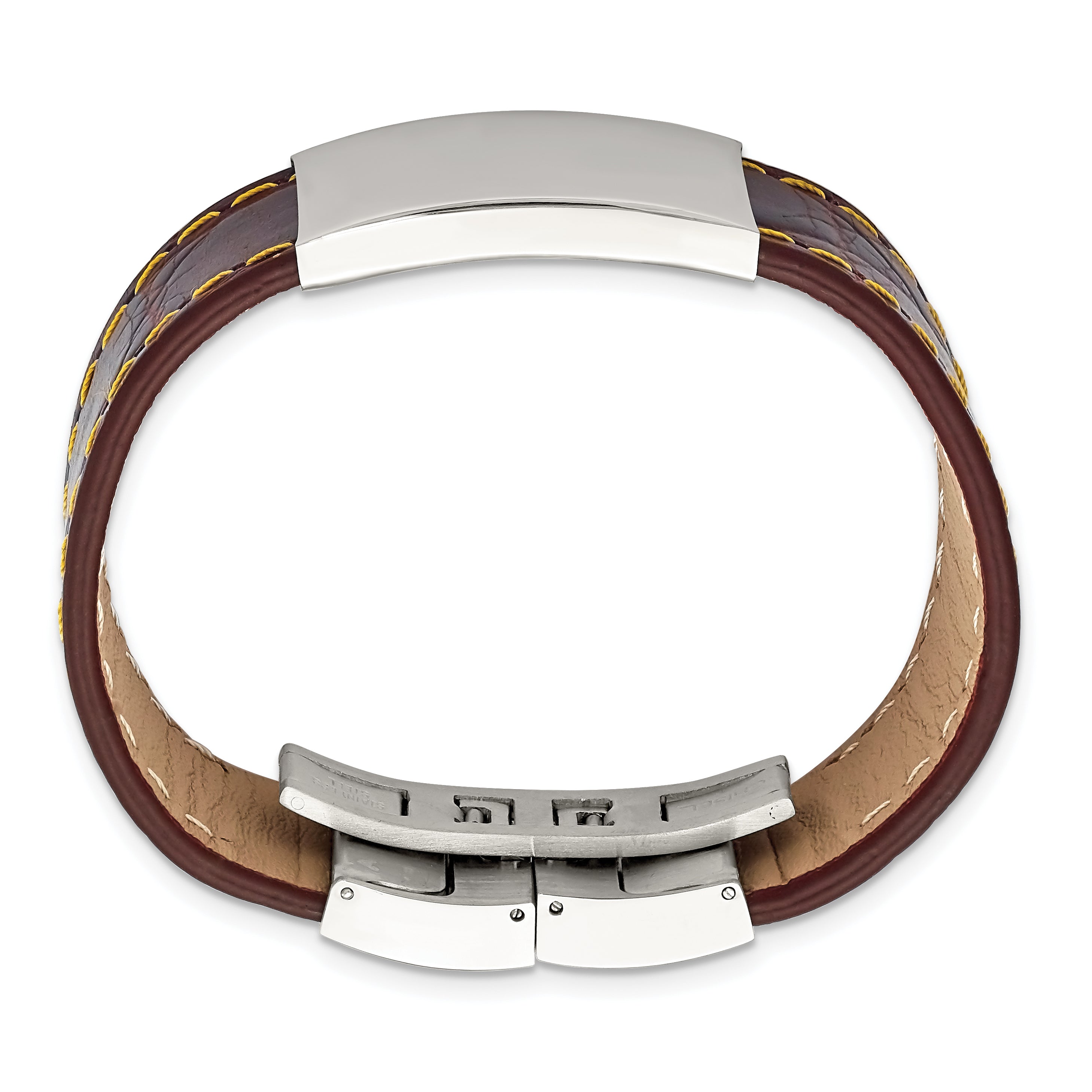 Brown Leather ID Bracelet in Stainless Steel with Yellow Stitch