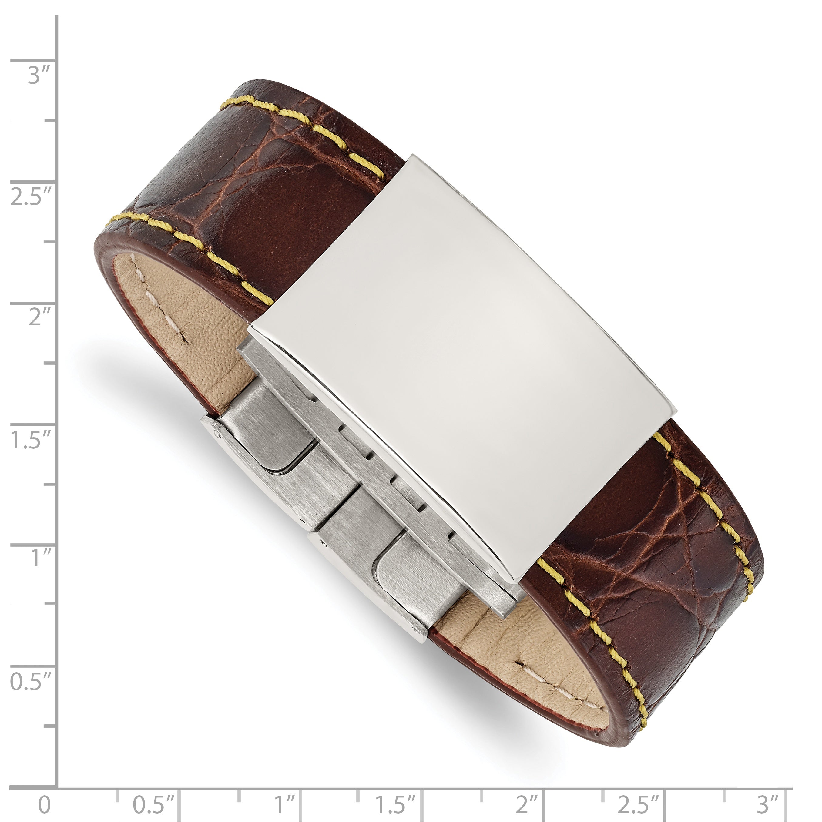 Brown Leather ID Bracelet in Stainless Steel with Yellow Stitch
