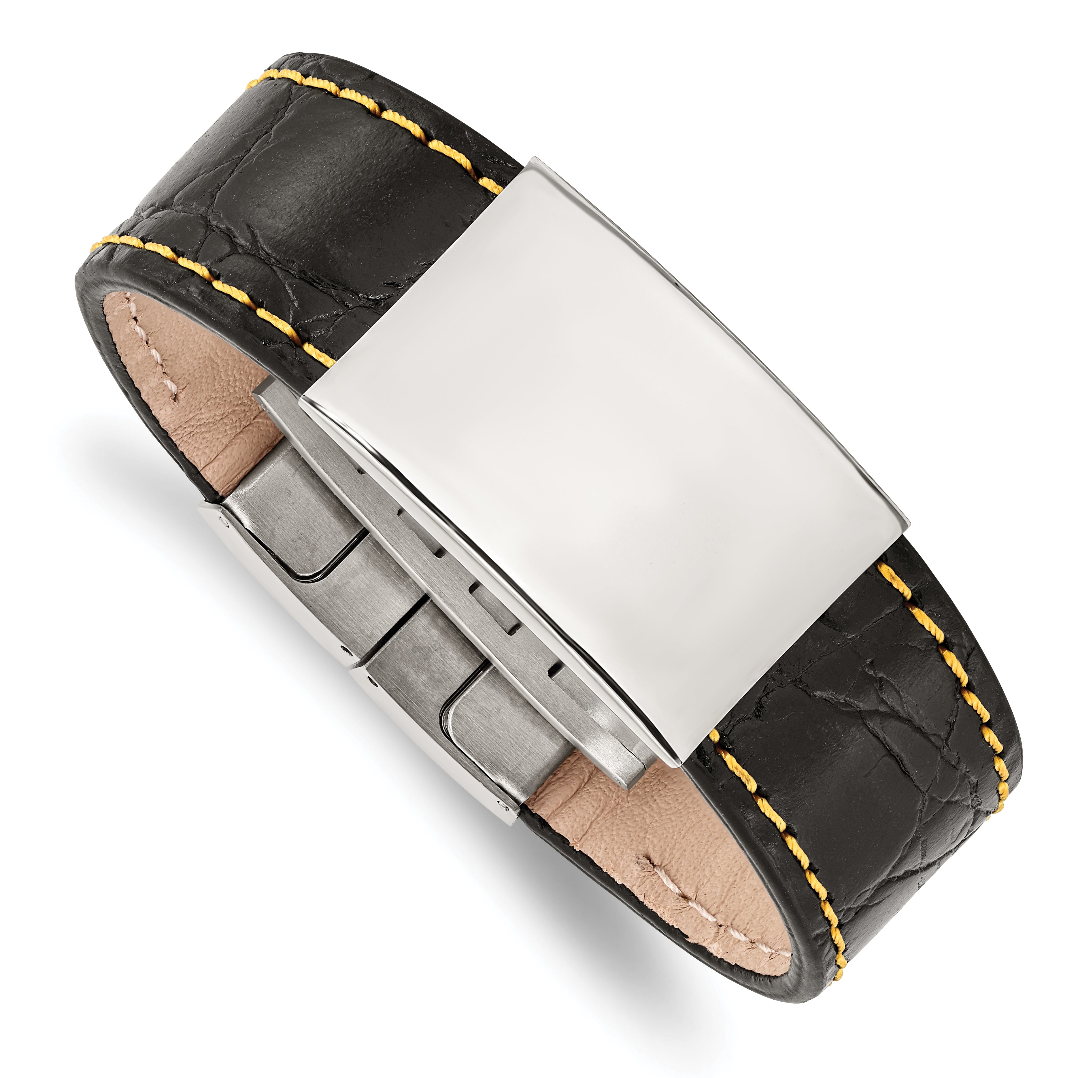 Black Leather ID Bracelet in Stainless Steel with Yellow Stitch