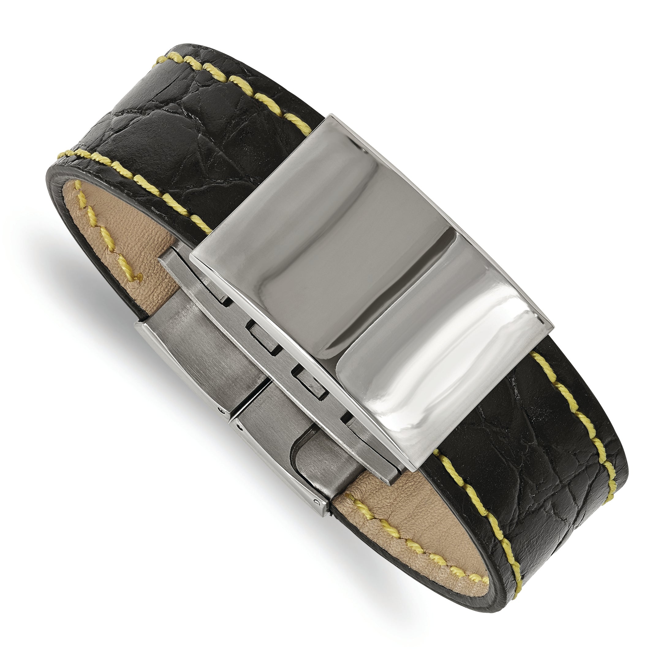 Stainless Steel Polished Black Leather/Yellow Stitch ID Bracelet