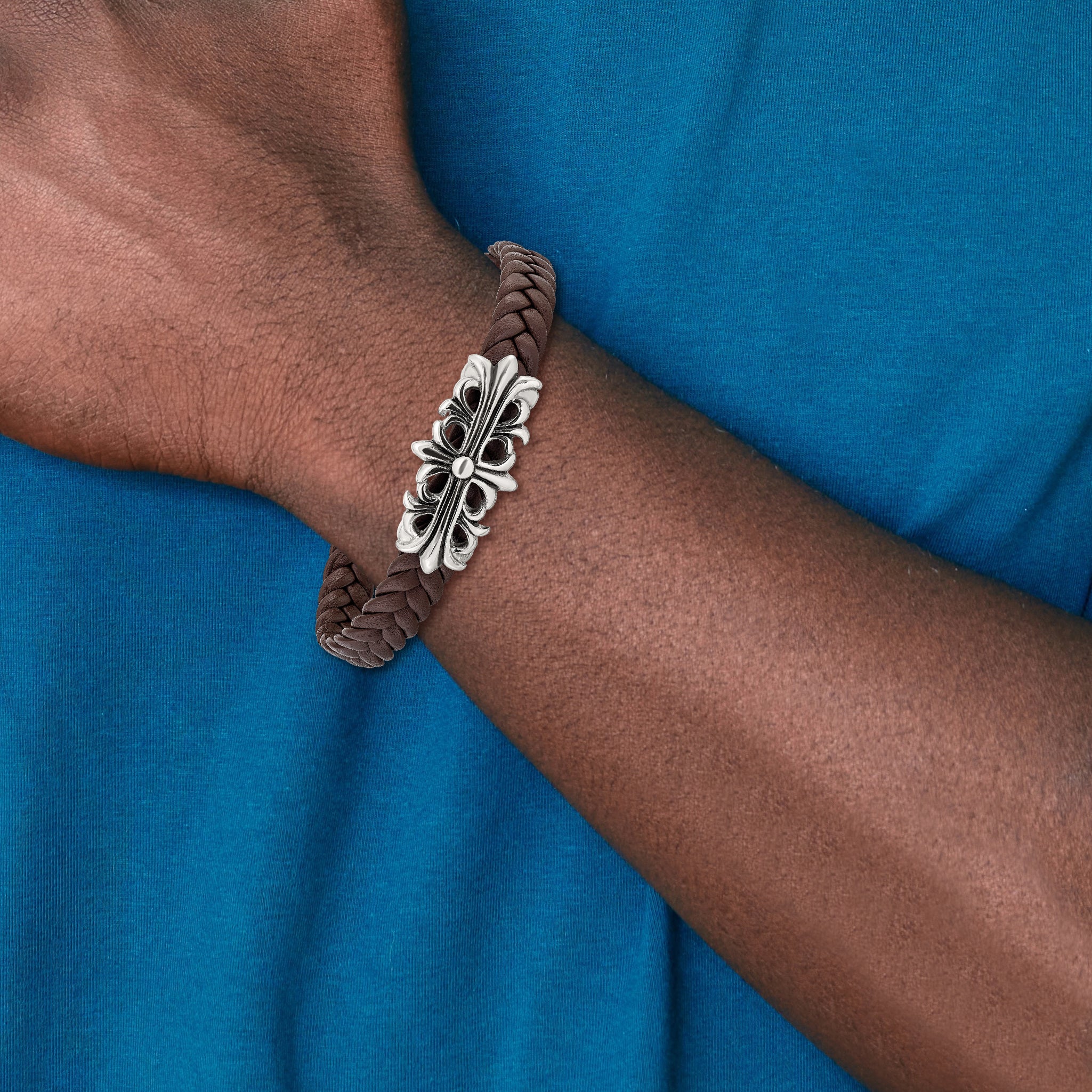 Chisel Stainless Steel Antiqued and Polished Cross Braided Brown Leather 8.5 inch Bracelet