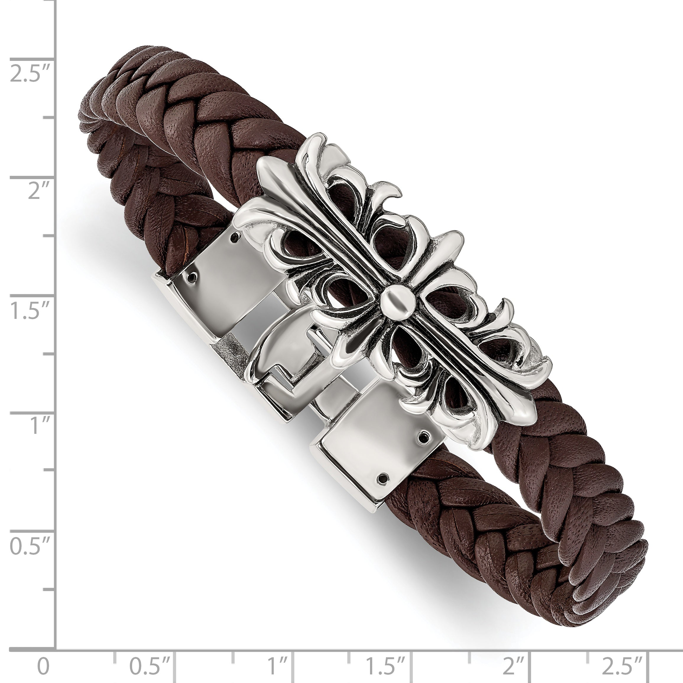 Chisel Stainless Steel Antiqued and Polished Cross Braided Brown Leather 8.5 inch Bracelet