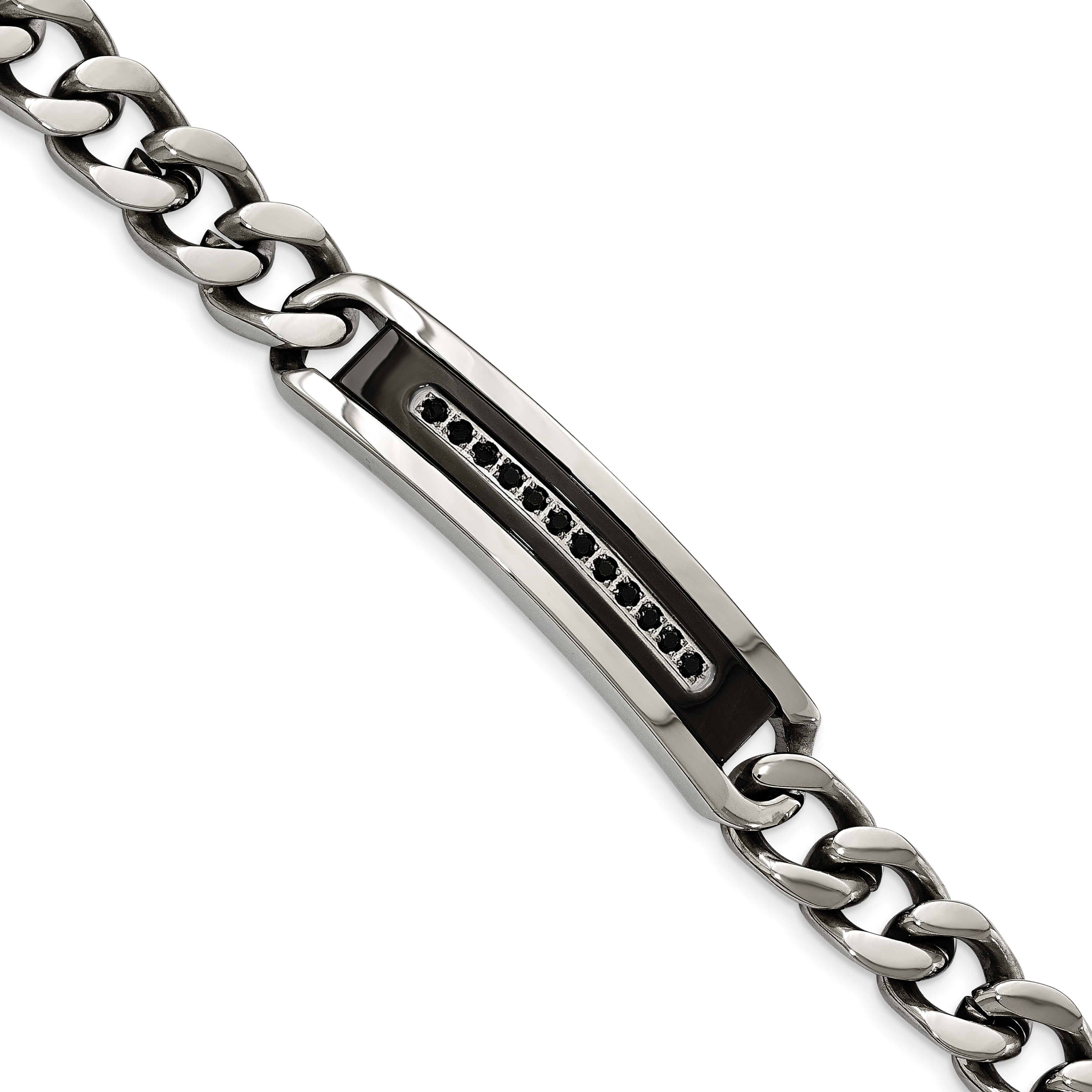 Stainless Steel Polished Black IP Black CZ ID Curb Chain 8.25in Bracelet