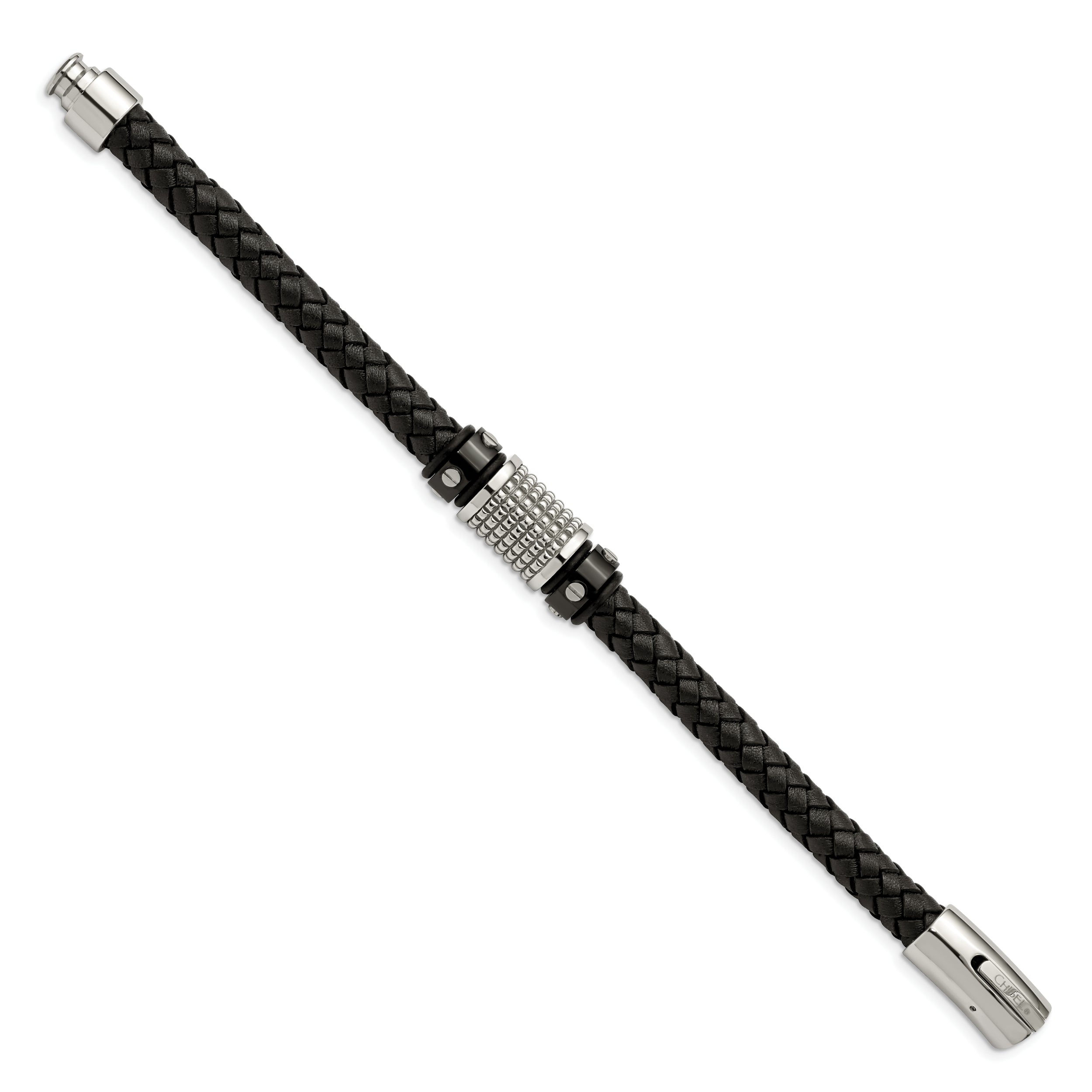 Chisel Stainless Steel Polished and Textured Black IP-plated Black Braided Leather and Rubber 8.5 inch Bracelet