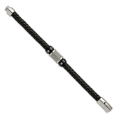 Chisel Stainless Steel Polished and Textured Black IP-plated Black Braided Leather and Rubber 8.5 inch Bracelet