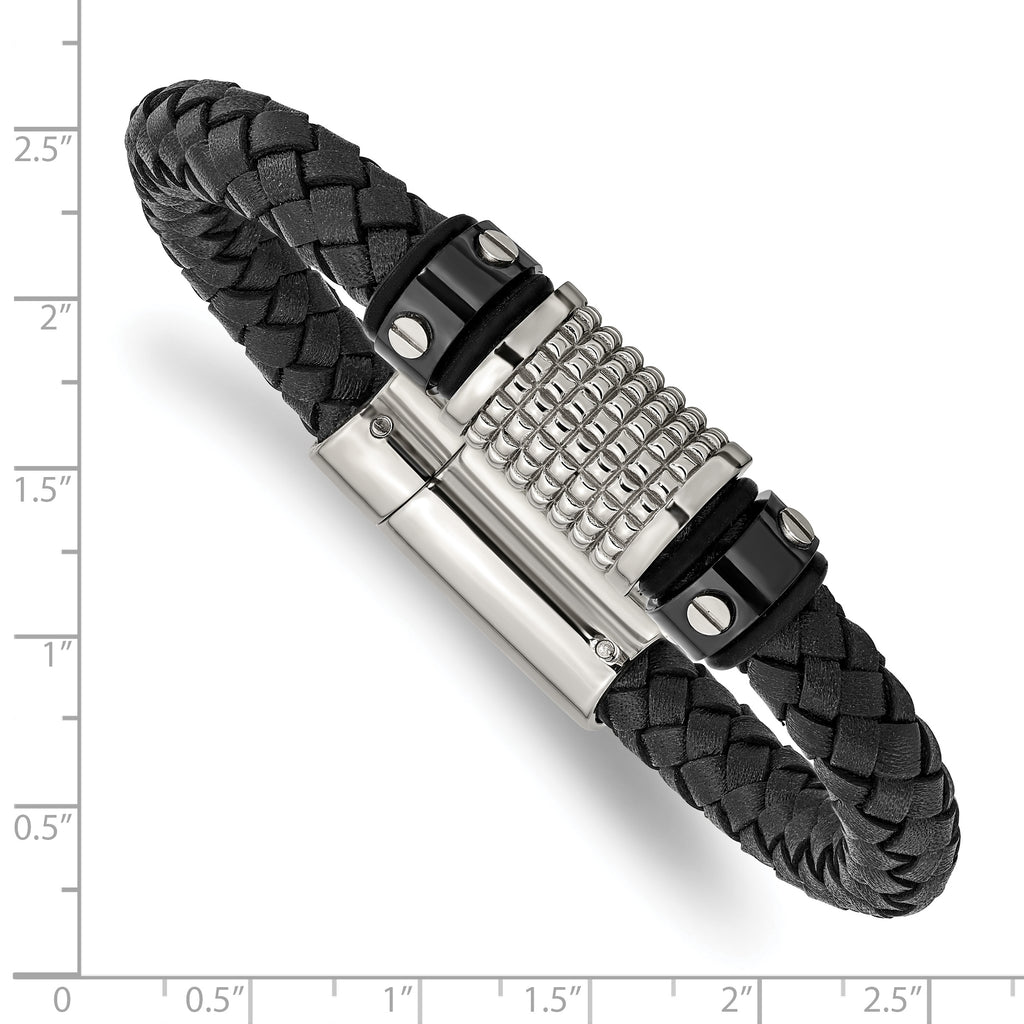Braided Leather & Rubber Bracelet in Black IP Stainless Steel