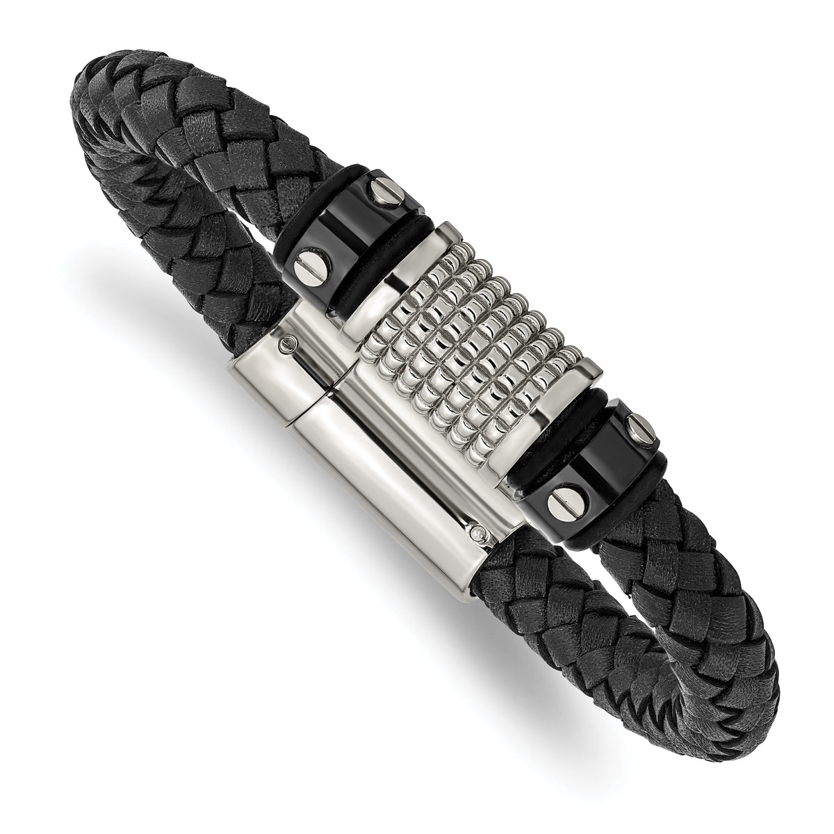 Chisel Stainless Steel Polished and Textured Black IP-plated Black Braided Leather and Rubber 8.5 inch Bracelet