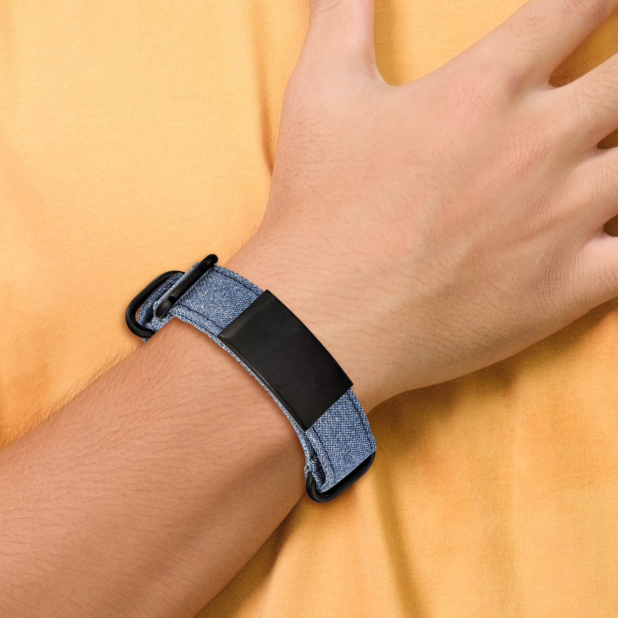 Brushed Black ID Bracelet in Stainless Steel with Blue Denim