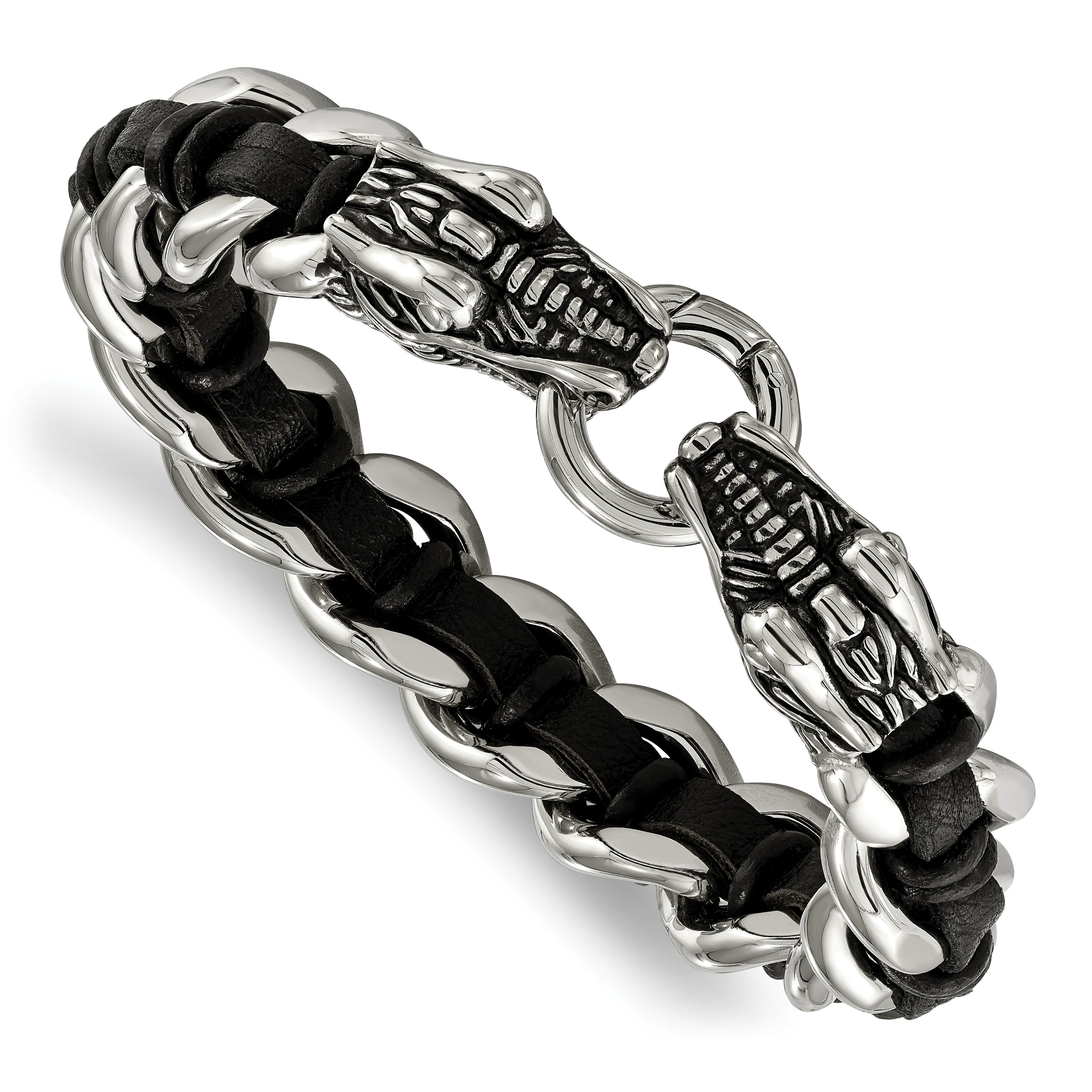 Chisel Stainless Steel Antiqued and Polished Dragon Head Curb Chain with Black Leather 8.5 inch Bracelet Main image